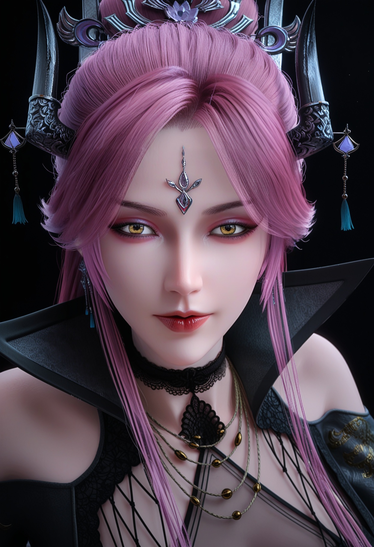 (upper_body:1.2),score_9,score_8_up,masterpiece,(best quality),intricate details,1girl,facing viewer,(looking at viewer:1.1),<lora:YQ_pony_manluo_V4:0.9:lbw=1,1,1,1,1,1,1,1,1,0.8,0.8,0.1>,q1528437228,1girl,solo,long hair,pink hair,jewelry,horns,hair ornament,earrings,choker,dress,makeup,necklace,red lips,red hair,purple hair,black dress,forehead mark,black high heels,yellow eyes,high collar,black choker,brown eyes,pantyhose,hair bun,black pantyhose,hair over one eye,long sleeves,puffy sleeves,eyeshadow,BREAKscore_9,score_8_up,masterpiece,(best quality),perfect anatomy,(hourglass),perfect face,(simple background,pure black background,black background:1.1),fair_skin,shiny_skin,Ivory_skin,