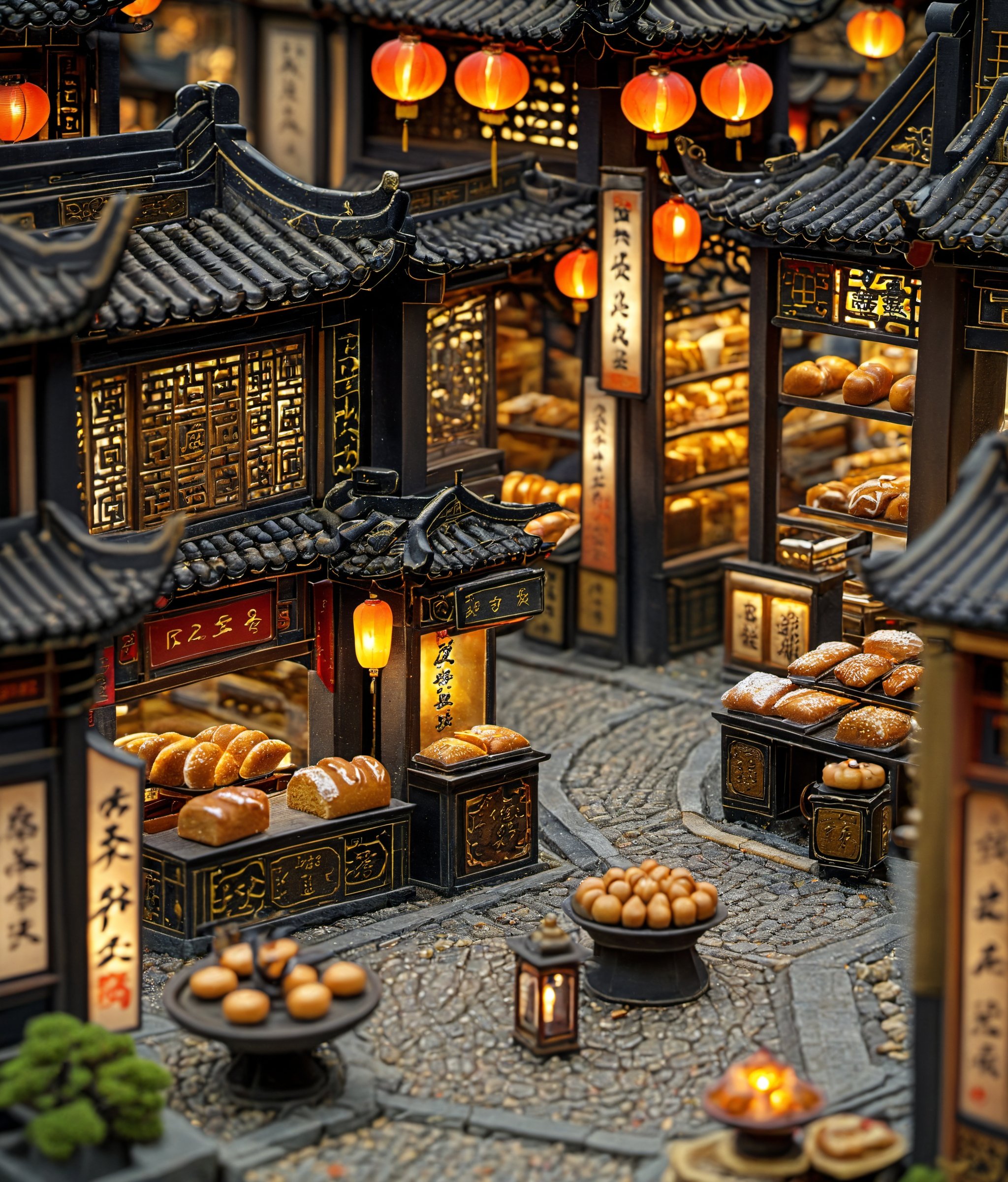 <lora:鼻涕泡_微缩王国_V1.0:0.9>,highly detailed,ultra-high resolutions,32K UHD,best quality,masterpiece,tao,chi,scenery,food,blurry,depth of field,pavement,shop,lantern,bread,architecture,cobblestone,blurry foreground,east asian architecture,The image showcases a meticulously crafted miniature of an ancient Asian town,with intricately designed buildings,lanterns,and baked goods displayed in various shops.,
