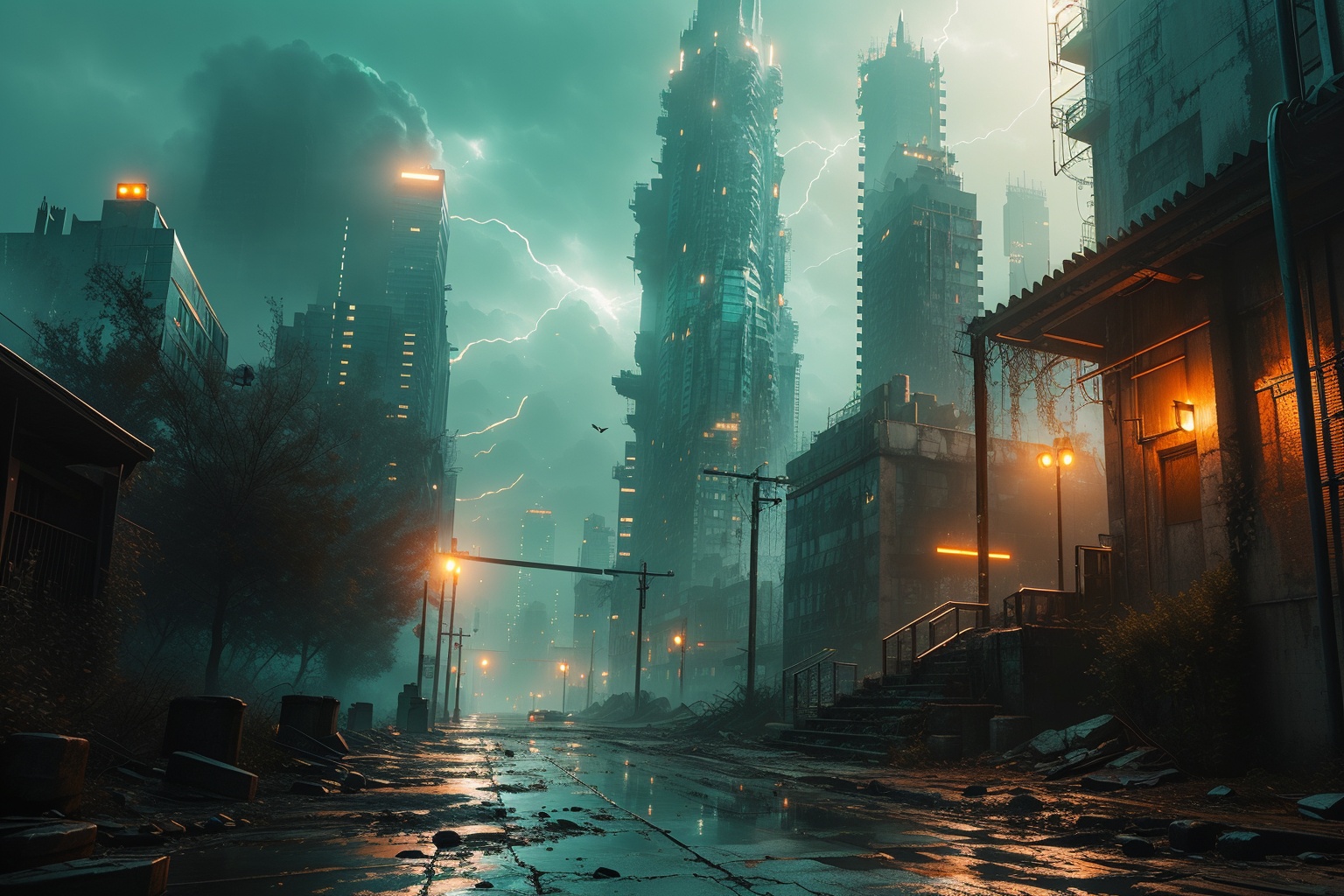 <lora:changjing-000016:0.75>,changjing,The apocalyptic cityscape was engulfed by flames, and towering skyscrapers swayed in the background. The prospect is a lonely character, wearing futuristic armor, standing provocatively in the chaos. The scene is bathed in a blazing orange glow, casting dramatic shadows that highlight the complex details of the character's armor. The overall atmosphere is tense and chaotic, giving off a feeling of impending doom. The inspiration for this scene comes from the work of digital artist Simon St å lenhag, known for his stunning dystopian scenery and attention to detail. Stairs, spinning and jumping,