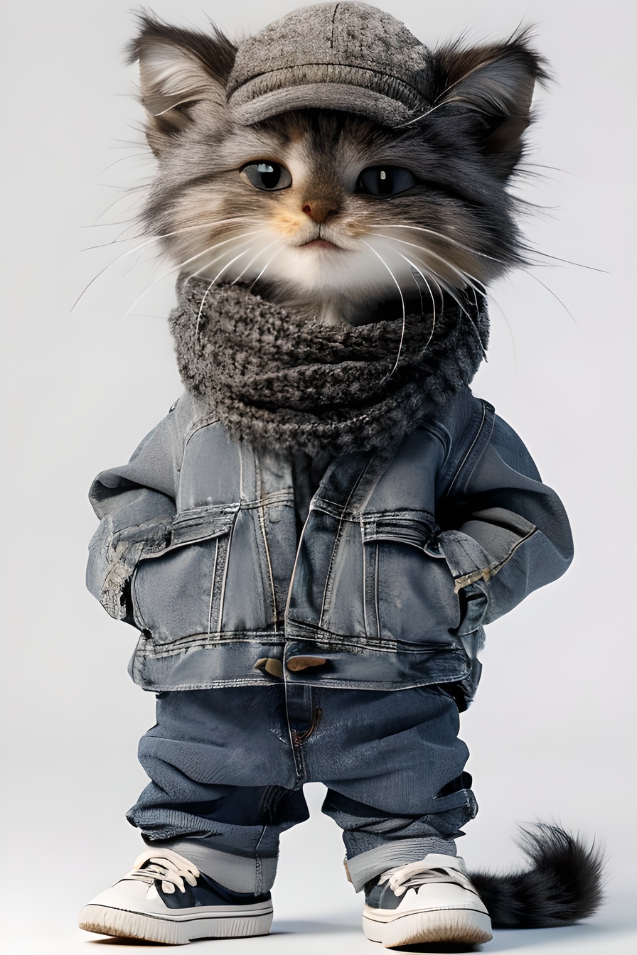 masterpiece,best quality,solo,looking at viewer,simple background,white background,long sleeves,standing,hat,jacket,full body,tail,open clothes,shoes,pants,grey background,scarf,animal,open jacket,denim,blue pants,pocket,animal focus,brown jacket,jeans,hands in pockets,no humans,grey footwear,orange jacket,grey scarf,Pallas's cat, <lora:3D人物角色拟人动物自媒体神器_v1.0:0.8>