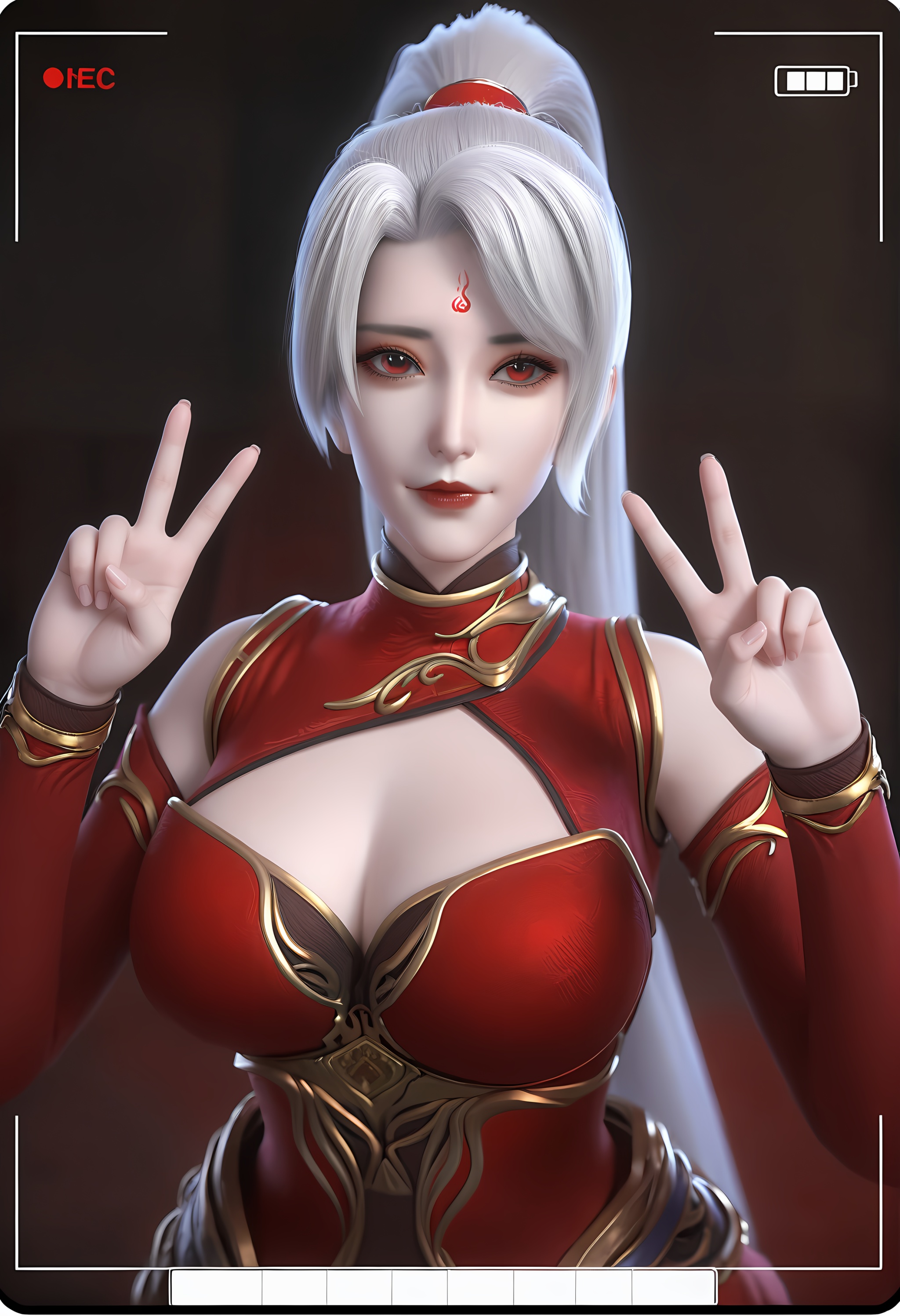 (score_9),<lora:焰羽女神-Apony:0.83>,yanyu,solo,1girl,white hair,long hair,ponytail,hair rings,forehead mark,red eyes,red dress,high collar,detached sleeves,double v,<lora:perfect-eyes:0.8>,looking at viewer,front view,female,mature,(mature_female:1.1),glamor,border,viewfinder,flashback,OverallDetail,fair_skin,(white_skin),(Ivory_skin),<lora:e色温:0.5>,<lora:e肤色滑块:0.5>,<lora:SDS-XL泛光调节器_v1.0:0.1>,<lora:a修手:0.3>,<lora:detailed_notrigger:1>,