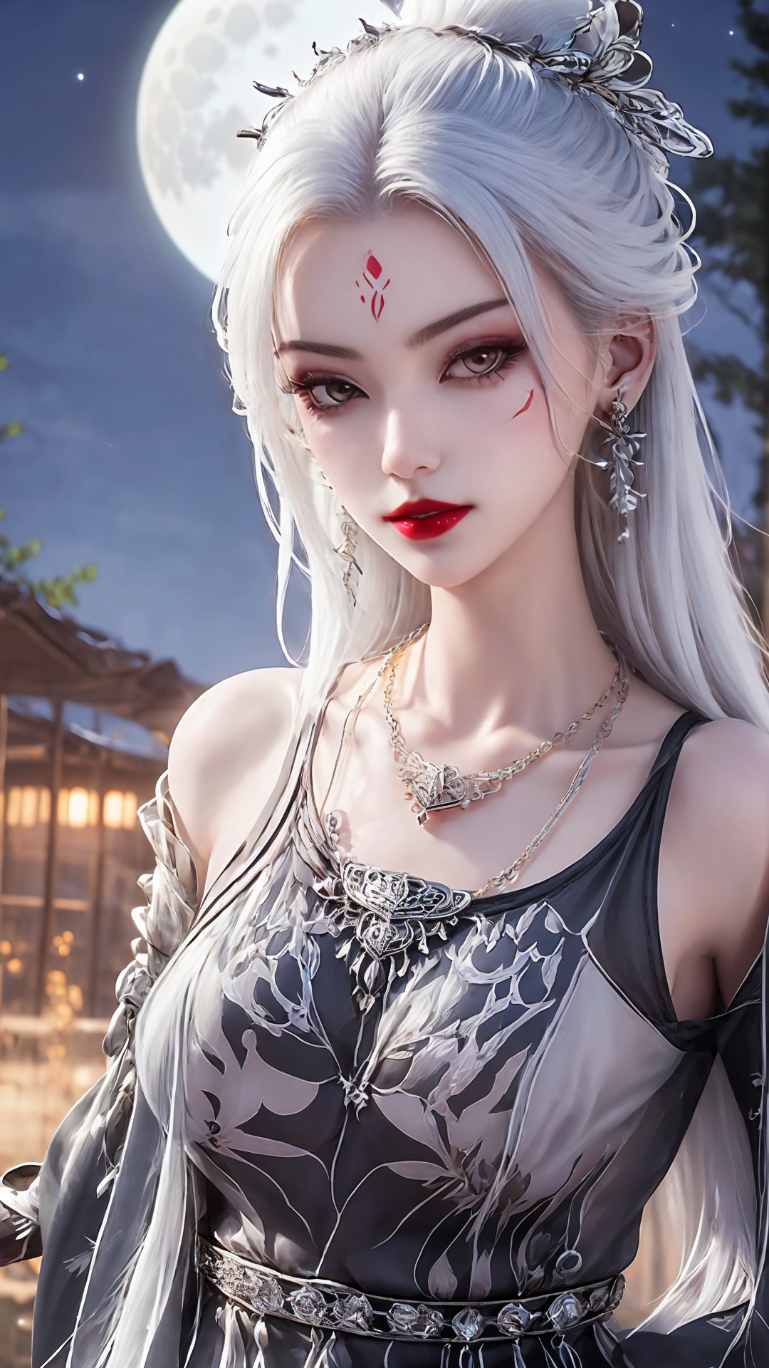 1girl, moon, jewelry, necklace, solo, bracelet, white hair, earrings, facial mark, long hair, night, hair ornament, looking at viewer, bare shoulders, full moon, forehead mark, upper body, red lips, dress<lora:girl miaojiangxiaobai_20240912173536:0.8>,
