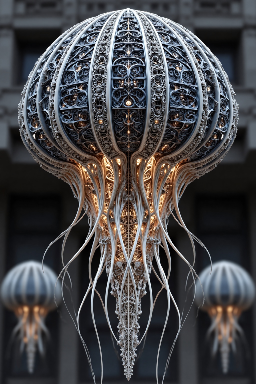 beijihui,a close-up view of a sculpture made of wire and metal. The sculpture features a large,round head that is encircled by a series of thin,white wires. The head is adorned with a intricate pattern of small circles and lines,adding a touch of depth to the composition. The background is blurred,creating a stark contrast to the sculpture. Two human heads are visible in the bottom left corner of the frame.,