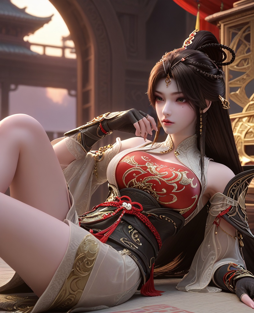 (oriental architecture, elegant decor, sophisticated style:1.1),(Lying, on back, legs raised,:1.1),(very wide shot:1.1),(large breasts:1.2),<lora:XL16云深不知梦羲和第7集封魔祭典:0.95>,miss xihe,two-tone black and red corset dress,left pauldron,black hair,very long hair,half-up crown ponytail with long cascading hair,hair ornament,jewelry,black fingerless gloves,sash,, score_9,score_8_up,score_7_up,score_6_up,score_5_up,score_4_up,3d rendering,tag1,tag2, Cinematic Lighting,backlighting,