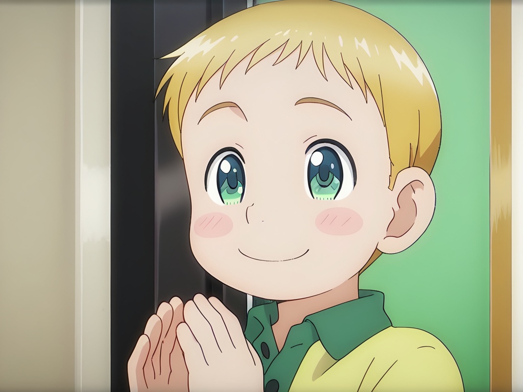<lora:Gawain_XL_V2:1>,gawain nanami,do not split pictures,best quality,best detail,masterpiece,NSFW,male focus,indoors,solo,1boy,toddler,male_child,petite,blonde hair,green eyes,very short hair,smile,blush stickers,(blush:0.5),perfect hands,(5fingers:1.3),correct anatomy,huge filesize,available light,full_shot,