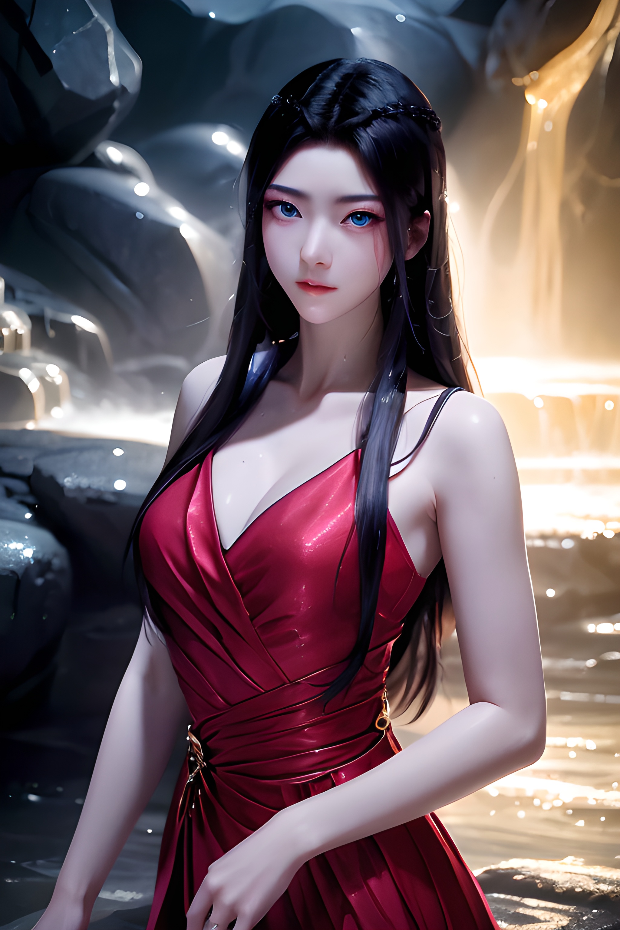 yuanyao,1girl,black hair,long hair,dress,red dress,blue eyes,solo,jewelry,water,breasts,sleeveless,lying,ring,rock,<lora:yuanyao_V0.3:0.85>,(simple background:1.1),close-up details,realistic style photo young women,alone,long hair,outstanding style,tall,kawaii,teenage. use soft lighting to cast soft shadows on the subject,add layers to your images,without sacrificing details,standing,cave background,soft neon lights,light atmosphere,exquisite details,magic atmosphere,concept art,highly detailed,absurdres,32K UHD,sharp focus,best quality,masterpiece,golden moment,the highest unconventional masterpiece,superb details,gentle atmosphere,with high-end texture,fashion photography style,magazine cover,dynamic_angle,dynamic posture,magazine cover,dynamic_angle,dynamic posture,, masterpiece, best quality,