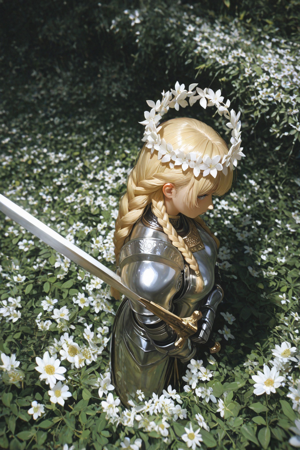 masterpiece, best quality, (sideways glance:1.2), profile, from above,  woman, blue gray eyes, silver armor, blonde hair, silver and gold metal, braided hair, flower crown, gold jewelry, holding sword, head turned to the side,floral background, white theme, surreal, leaf, plant, dappled sunlight, shade,2dReal, ((photo background, film grain)), dark, blurry background, depth of field, impressionism,