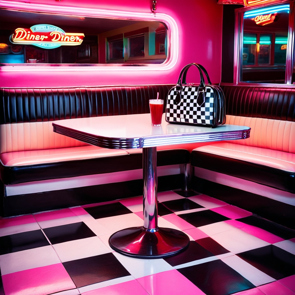 sceneretrodiner,  a leather handbag,  retro diner booth table on Tensor.Art