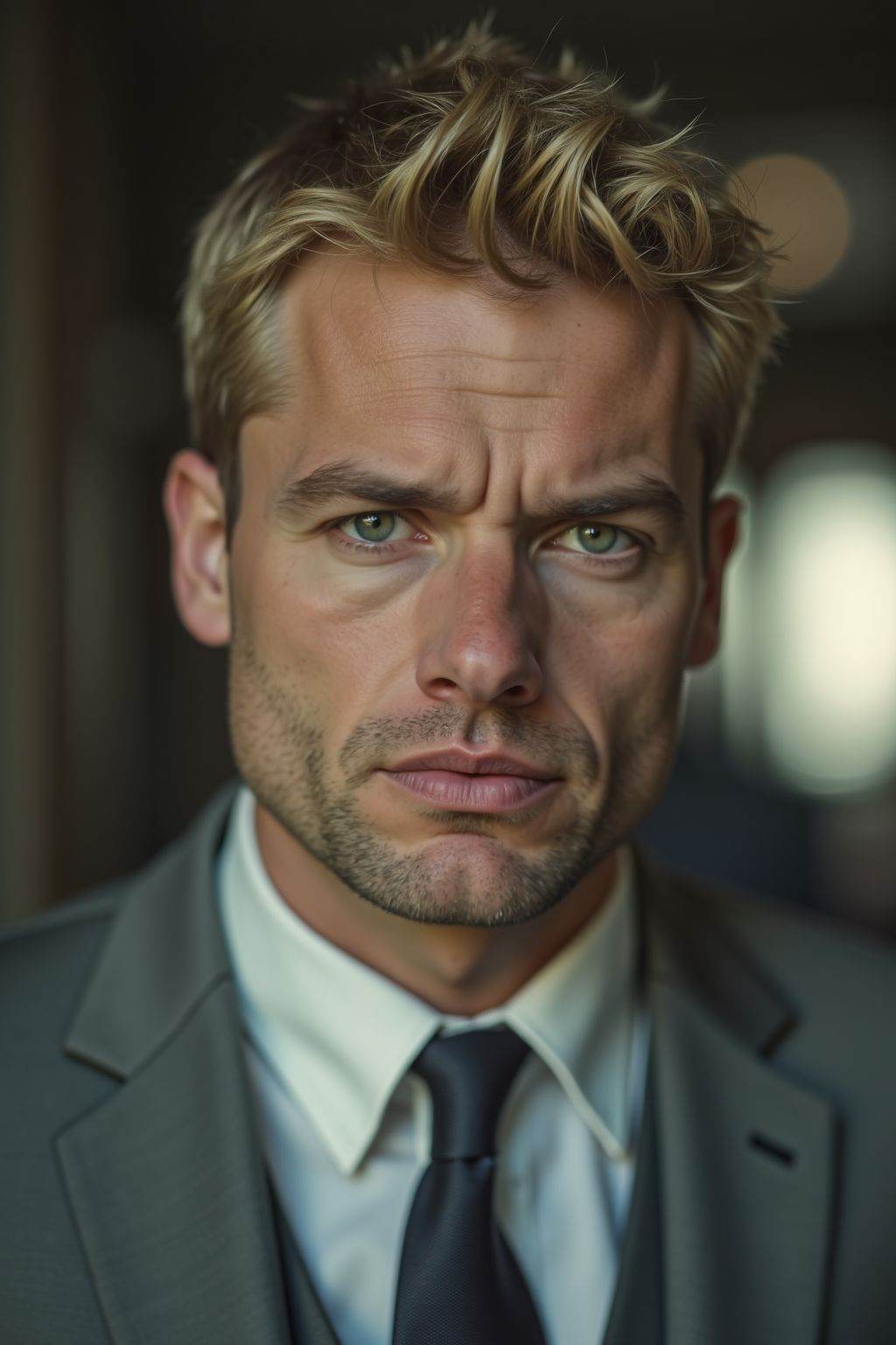 HDR photo of cinematic film still, This is a photo of a man with short blond hair. He is wearing a gray suit, with his mouth closed, looking at the viewer.