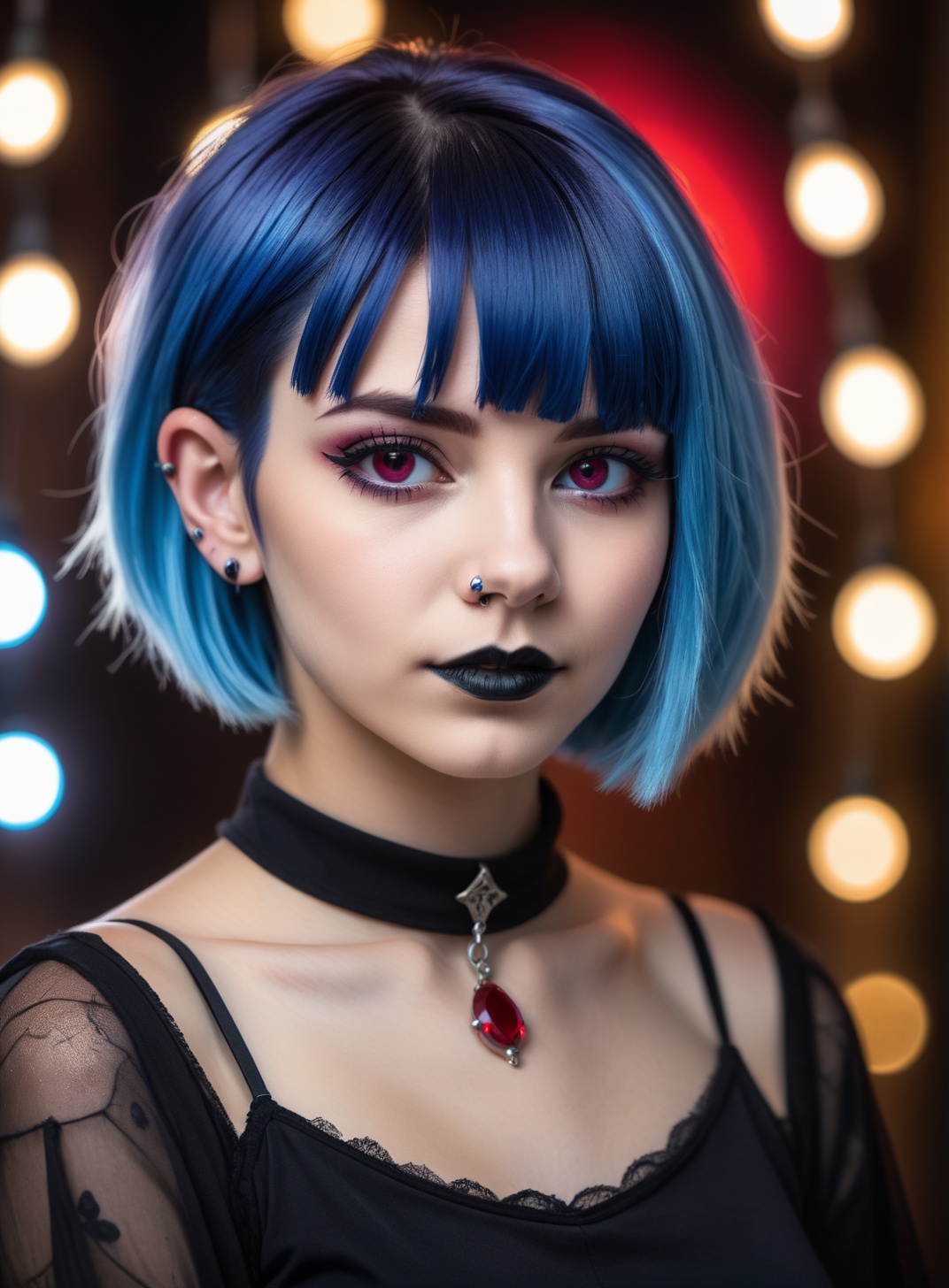 face portrait of a 20 years old woman ,  gothic short blue hair,  ruby piercing on Tensor.Art