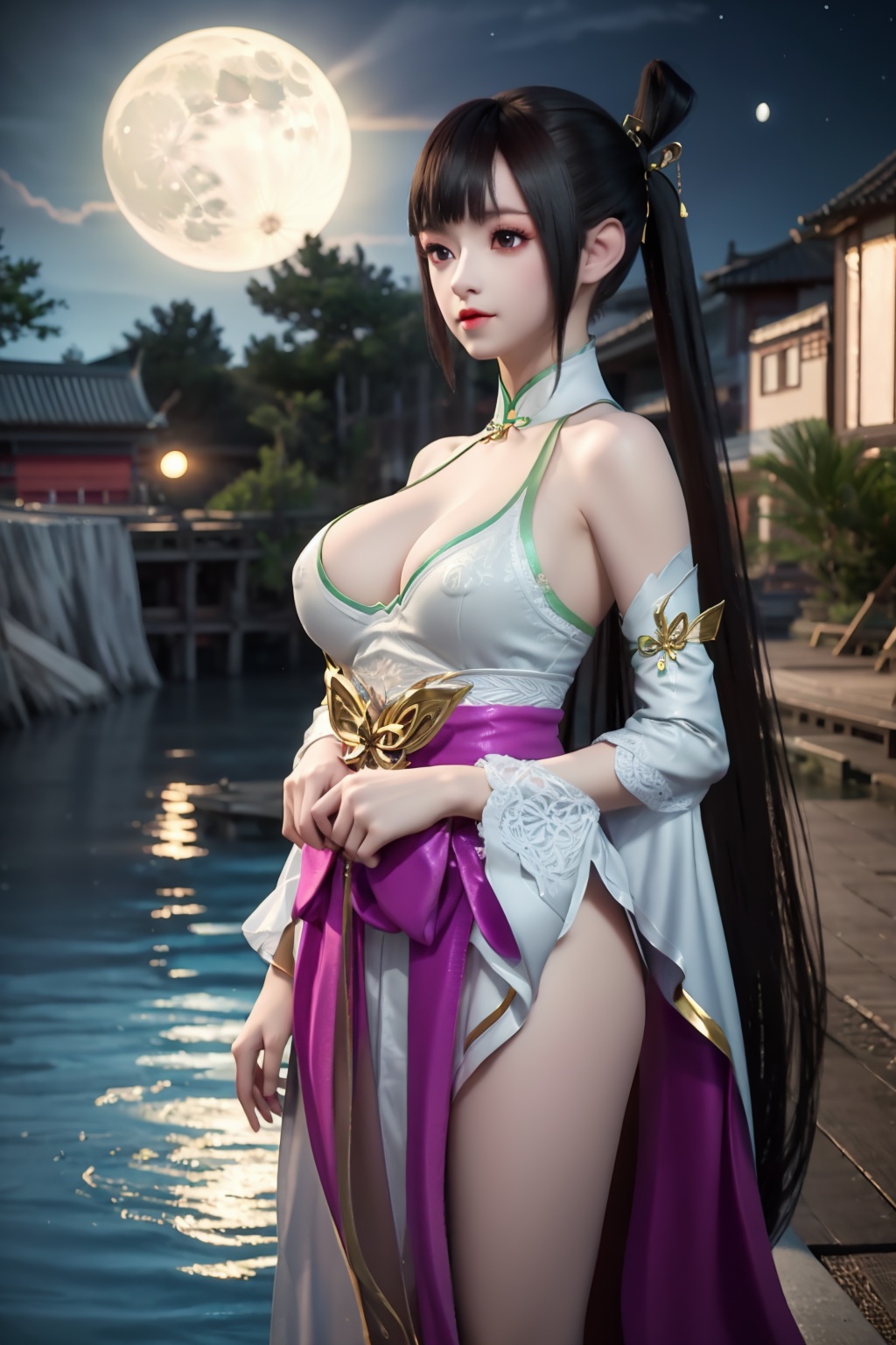 standing,dress,chinese clothes,flower,full_moon,moon,night,lily_pad,lotus,moonlight,nipples,water,night_sky,lily_\(flower\),sky,partially_submerged,1girl,solo,hair ornament,long hair,realistic,nail polish,photo_\(medium\),large breasts,cleavage,makeup,(8k, RAW photo, best quality, masterpiece:1.2),(realistic, photorealistic:1.3),ultra-detailed,extremely detailed cg 8k wallpaper,(crystalstexture skin:1.2),extremely delicate and beautiful,(sexy pose:1.2),