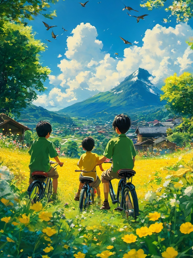 zyx01, outdoors, flower, sky, bicycle, ground vehicle, cloud, multiple boys, tree, day, 2boys, shirt, scenery, house, bird, field, male focus, grass, short sleeves, short hair, from behind, blue sky, male child, building, sitting, facing away, child, yellow shirt, mountain, yellow flower, green shirt, nature, shorts, holding, pants, black hair, t-shirt, riding, cloudy sky, mountainous horizon<lora:zyx01:0.8>,, best quality, ultra-detailed, masterpiece, finely detail, highres, 8k wallpaper
