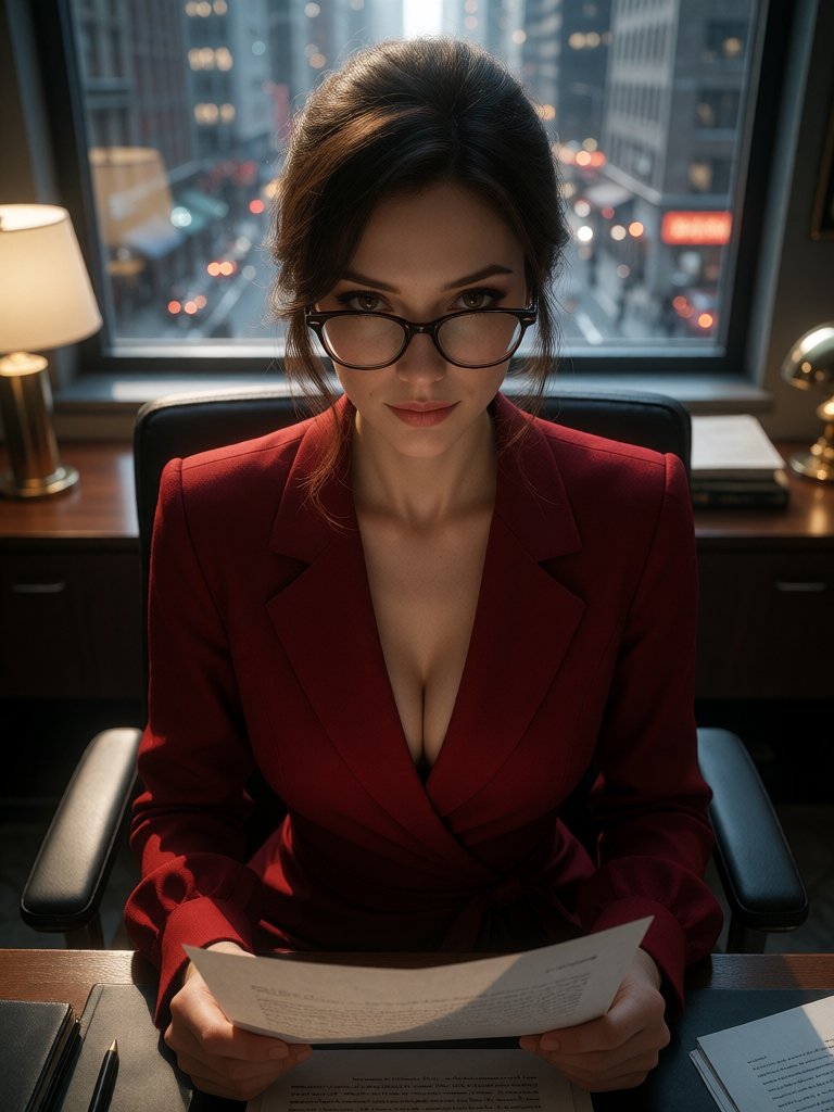 Cinematic frontal shot of a stylish woman wearing an elegant red dress,  only her torso visible,  sitting in a modern offi...