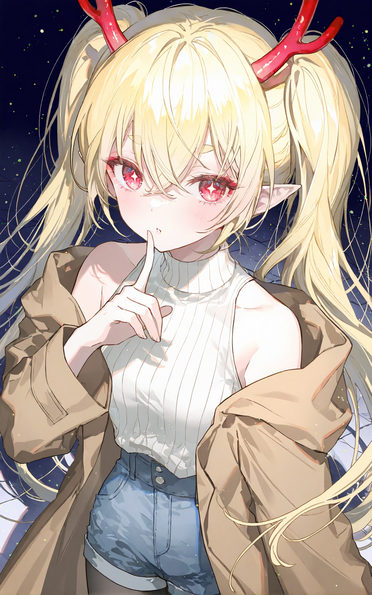 transparent,trough,tender,christmas,lightshadow,masterpiece,best quality,solo,aesthetic,8k,absurdres,1girl,artist:ningen_mame,artist:rella,artist:mai_yonegama,close-up,Focus on the face,looking at viewer,Focus on the face,(upper body:1.5),1girl,deep_skin,yellow hair,crossed bangs,twintails,eyeshadow,short eyebrows,elf ears,red eyes,+_+,very long twintails,black dragon horns,2 horns,curvy,brown coat,white sleeveless turtleneck,denim shorts,black pantyhose,white socks,Sneakers,wide_shot,from_above,shushing,