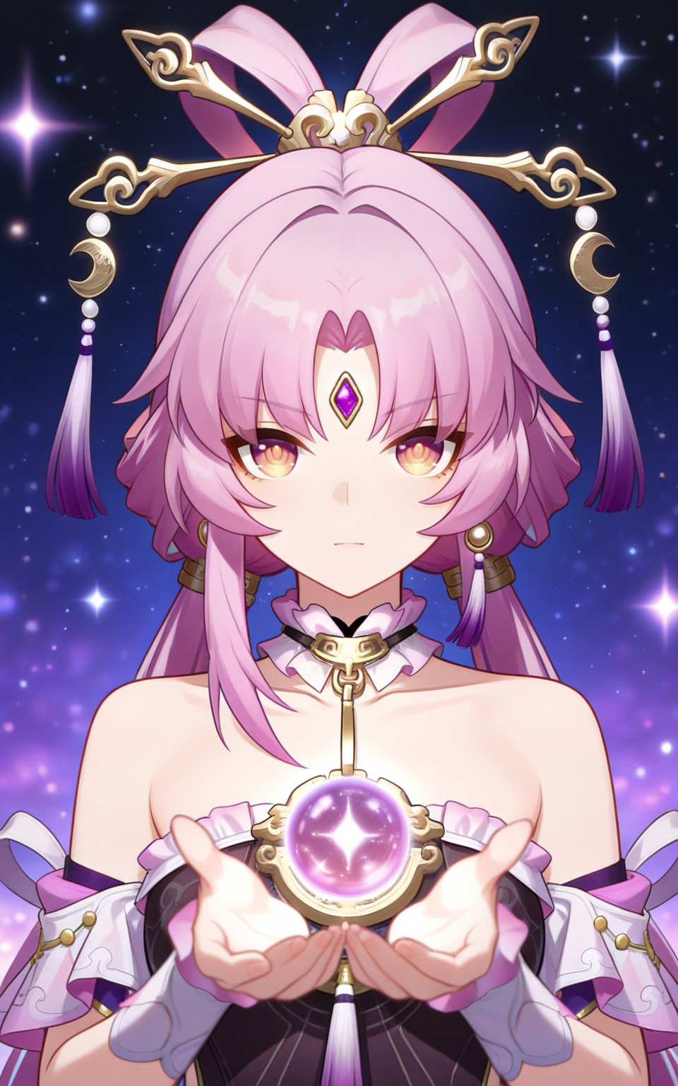 depth of field,masterpiece,best quality,very aesthetic,alternate costume,alternate costume,2024,2023,perfect composition,ultra-detailed,extreme aesthetic,masterpiece,best quality,good quality,newest,year 2024,year 2023,very aesthetic,absurdres,looking_at_viewer,colorful,upper_body,<lora:符玄·衣服百搭款ILL:0.8>,fu xuan \(honkai: star rail\),pink hair,orange eyes,forehead jewel,long hair,bow-shaped hair,hair ornament,hair rings,hair stick,low twintails,tassel hair ornament,tassel earrings,parted bangs,