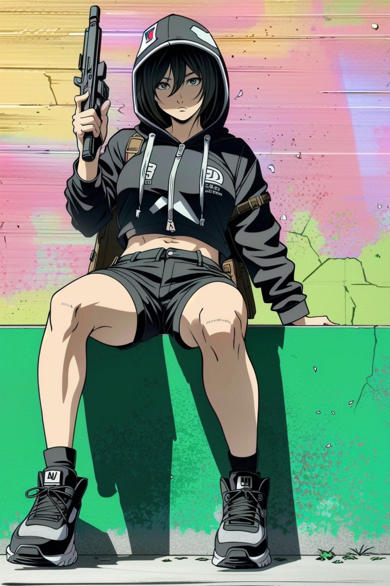 ((HRD, HUD, 8K)),((masterpiece, best quality)), highly detailed,Fight, 1girl, solo, hood, weapon, sneakers, gun, bandages, shoes, handgun, sitting, shorts, breasts, hoodie, hood up, holding, holding weapon, graffiti, holding gun, holster, <lora:20240514-1715656820714:0.8>