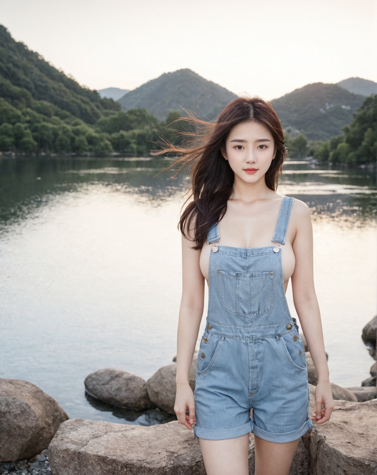 HDR,UHD,8K,Highly detailed,best quality,masterpiece,masterpiece,best quality,realistic,1girl,chinese,full body,overalls,naked overalls,denim,overall shorts,white skin,nude,simple background,Studio lighting,(EOS R8,50mm,F1.2,8K,RAW photo,frontlight,(((masterpiece))), ((the best quality, super fine illustrations,)), ((very delicate light)), ((fine lighting,very fine 8KCG wallpapers)),,,,<lora:beautiful_girl_ver2:0.1>,,,,,<lora:panmin_test02_v1.0:0.7>,,,panmin,closed mouth,,,<lora:HandFineTuning_XL:0.6>,,,<lora:Perfect Hands v2:1>,,,<lora:fix_hands:1>,,Perfect Hands,,