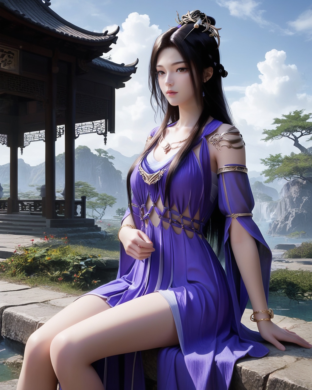 score_9,score_8_up,score_7_up,<lora:wy_ziling_XL7.0:0.8>,1girl,solo,black hair,dress,long hair,jewelry,purple dress,looking at viewer,bracelet,hair ornament,outdoors,day,blue_sky,brown eyes,sitting,thick_thighs,high quality,