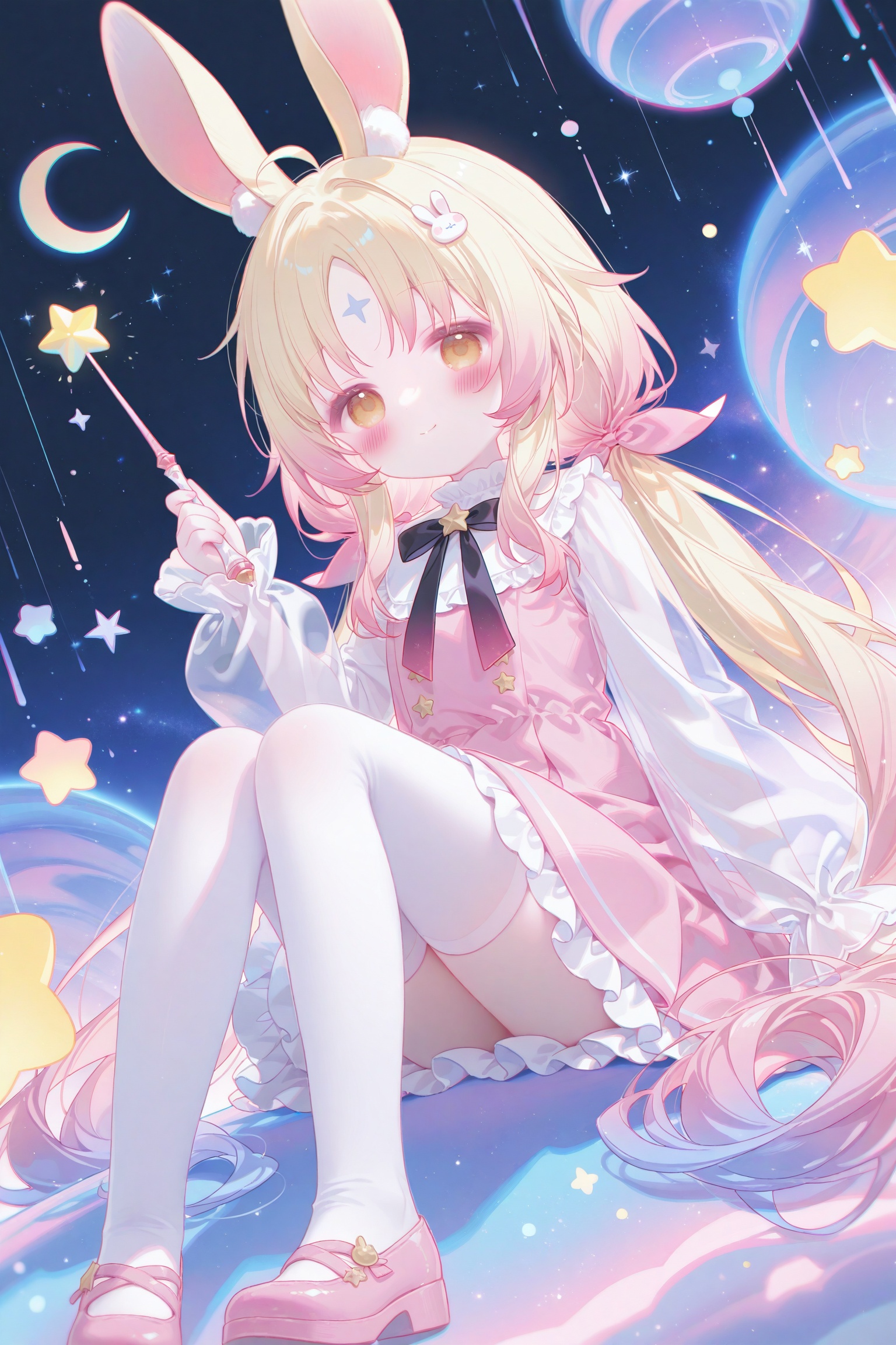 masterpiece,very aware,highres,absurdres,newest,best quality,loli,petite,high quality,chromatic_aberration,cinematic_angle,dutch angle,nyalia,//,umehara,konya666,//,1girl, rabbit, white footwear, solo, pink hair, long sleeves, shoes, rabbit ears, long hair, crescent, puffy long sleeves, crescent moon, dress, parted bangs, very long hair, animal ears, star (symbol), animal, puffy sleeves, star (sky), closed mouth, smile, yellow eyes, holding, sky, looking at viewer, blush, low twintails, starry sky, moon, frilled dress, frills, pink dress, twintails, full body, ahoge, knees up, bow, multicolored hair, holding wand, hand up, rabbit hair ornament, sleeves past wrists, see-through, wand, see-through sleeves, hair ornament, gradient hair, pink footwear, facial mark, night sky, brown eyes, blue hair, night, frilled skirt, pink bow, forehead mark, shirt, pleated dress, sitting, white shirt, starry background, space, parted lips