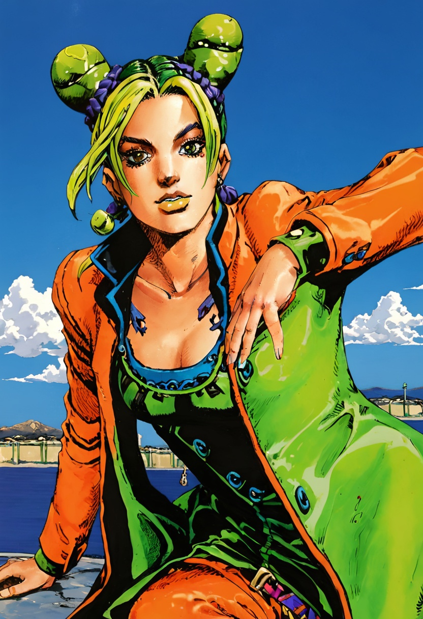 best quality, close up, a jolyne kujo with green yellow and green hair with bun in orange coat , blue and orange colors,  simple sky in background, by araki hirohiko <lora:araki_hirohiko-000016:0.7>  <lora:add-detail-xl:0.4>
