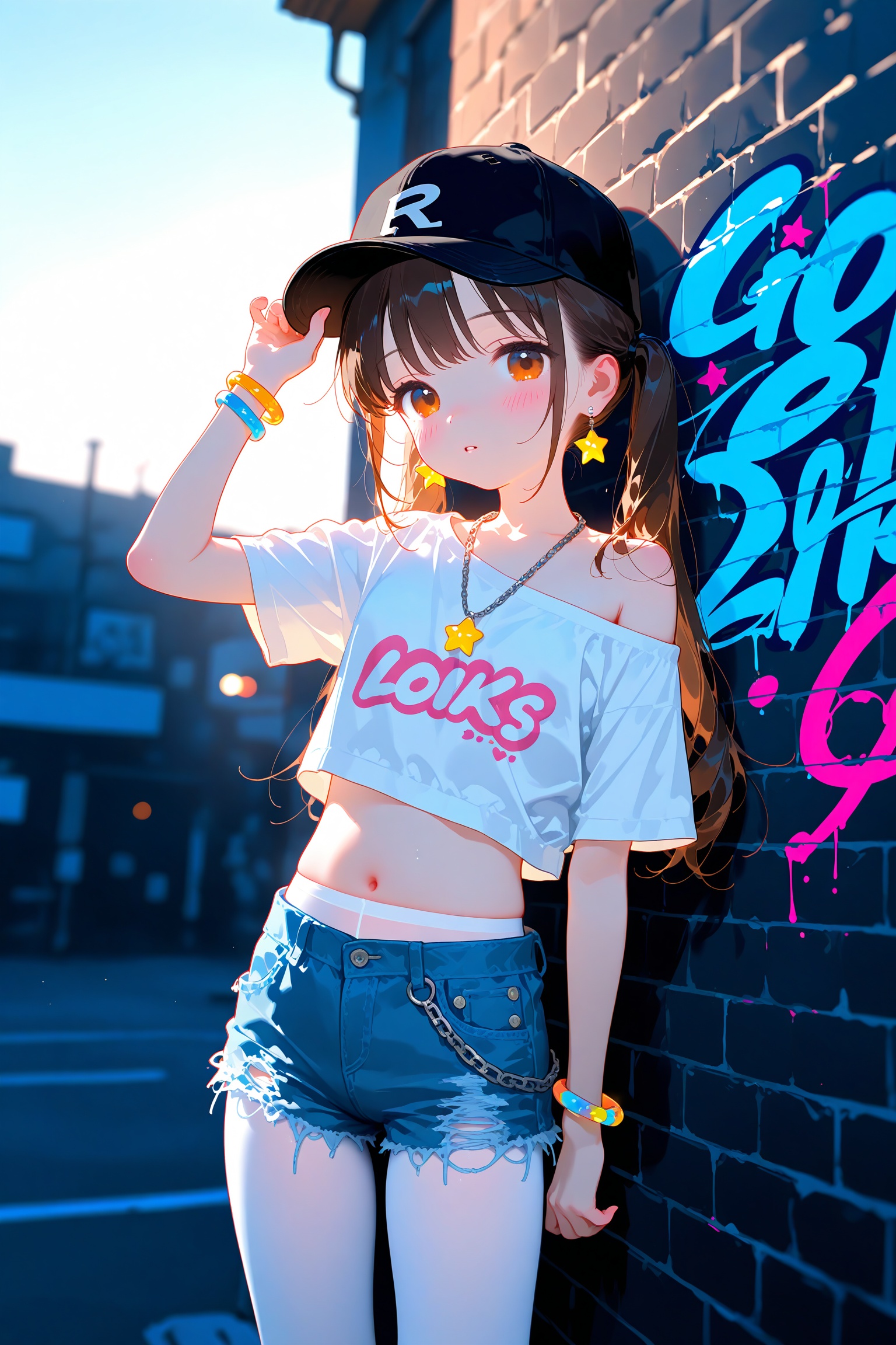 masterpiece,very awa,highres,newest,best quality,high quality,loli,chromatic_aberration,Light Blue Theme, //, 1girl, shorts, denim_shorts, denim, jewelry, necklace, solo, hat, graffiti, pantyhose, navel, long_hair, twintails, blue_shorts, shirt, looking_at_viewer, white_shirt, white_pantyhose, black_headwear, arm_up, cutoffs, short_shorts, baseball_cap, crop_top, midriff, earrings, short_sleeves, orange_eyes, standing, off_shoulder, parted_lips, single_bare_shoulder, clothes_writing, brown_hair, bracelet, against_wall, stomach, blush, black_hair, star_\(symbol\), breasts, outdoors, brown_eyes, small_breasts, chain_necklace, chain, brick_wall, very_long_hair, cropped_shirt, thighs, off-shoulder_shirt, shadow //, year_2023,year_2024, //, official art,depth of field,detailed light,blurry background,cinematic lighting,ray tracing, ultra detailed,god rays,backlighting,photo background,chromatic aberration,volumetric lighting,depth of field,blurry background,cinematic lighting,very aesthetic,