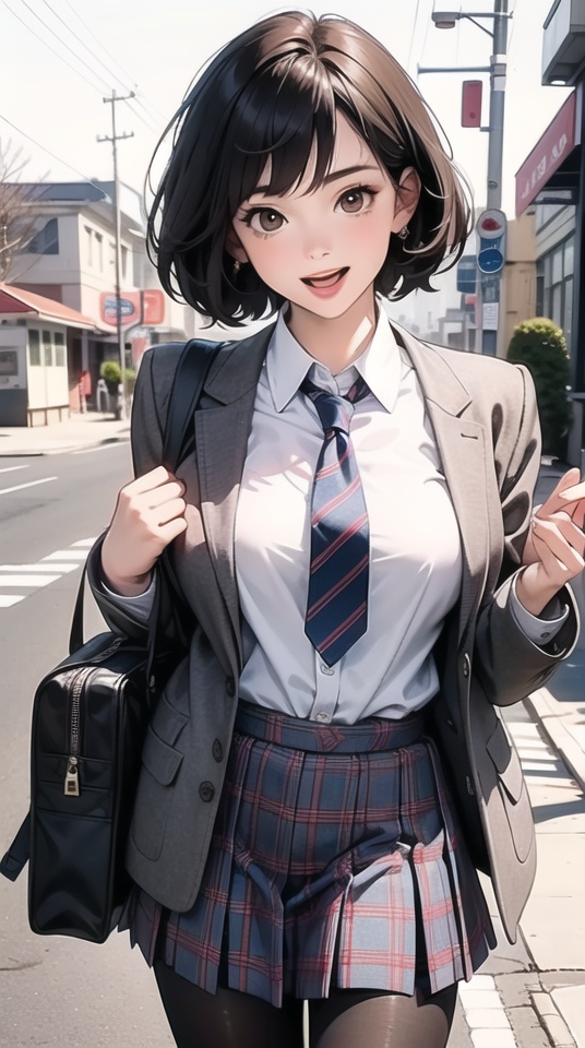 (best quality), ((masterpiece)), (highres), illustration, original, extremely detailed, 1girl, solo, black hair, pantyhose, skirt, open mouth, school uniform, brown eyes, smile, short hair, necktie, bag, cardigan, jacket, looking at viewer, blazer, plaid, plaid skirt, black pantyhose, pleated skirt, school bag, breasts