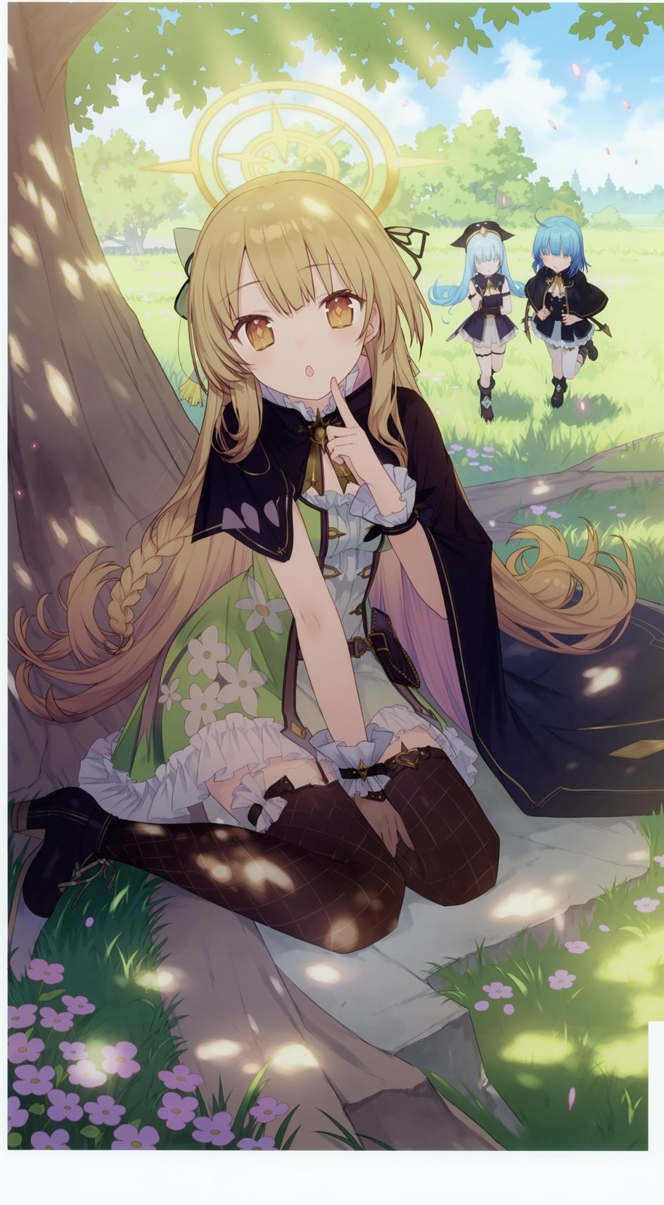 A blonde-haired girl with long wavy hair and a golden halo sits on a stone slab under a large tree,  wearing a black cape...