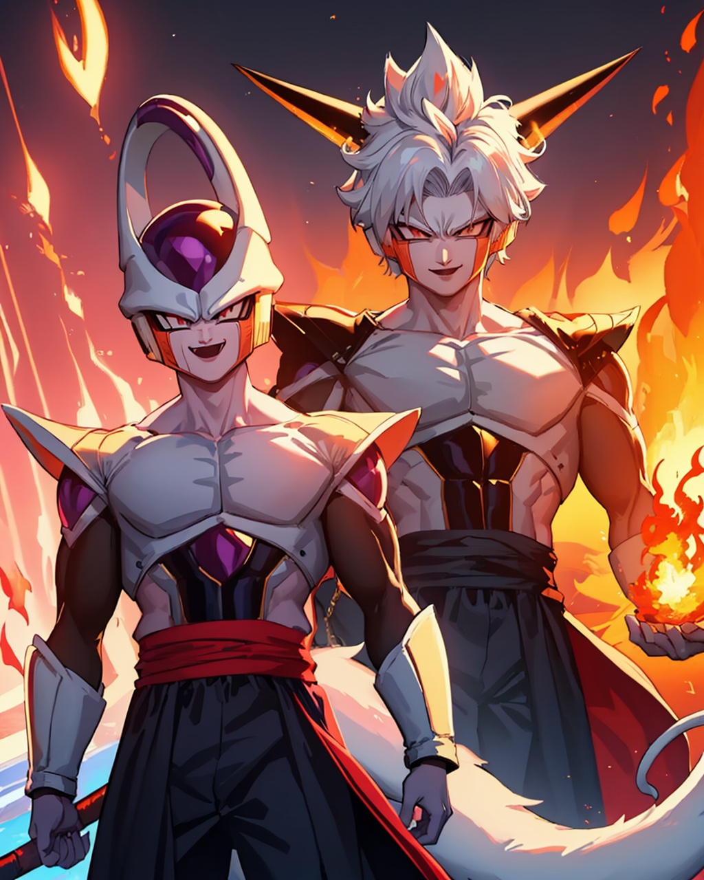 masterpiece,best quality, highly detailed, frieza, 2boys, male focus, tail, fire, super saiyan, aura, evil smile,<lora:frieza:1>