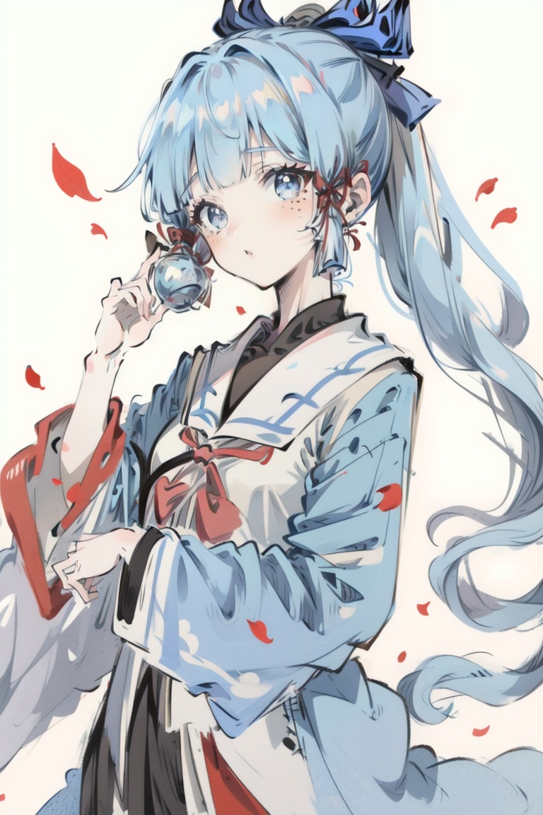 ((HRD, HUD, 8K)),((masterpiece, best quality)), highly detailed,YuanShen, 1girl, kamisato ayaka, solo, long hair, mole under eye, ponytail, blue eyes, mole, bangs, petals, ribbon, hair ribbon, red ribbon, parted lips, looking at viewer, simple background, blue hair, bow, blunt bangs, long sleeves, blue bow, wide sleeves, tress ribbon, falling petals, hand up, sidelocks, hair bow, <lora:20240318-1710771192163:0.9>