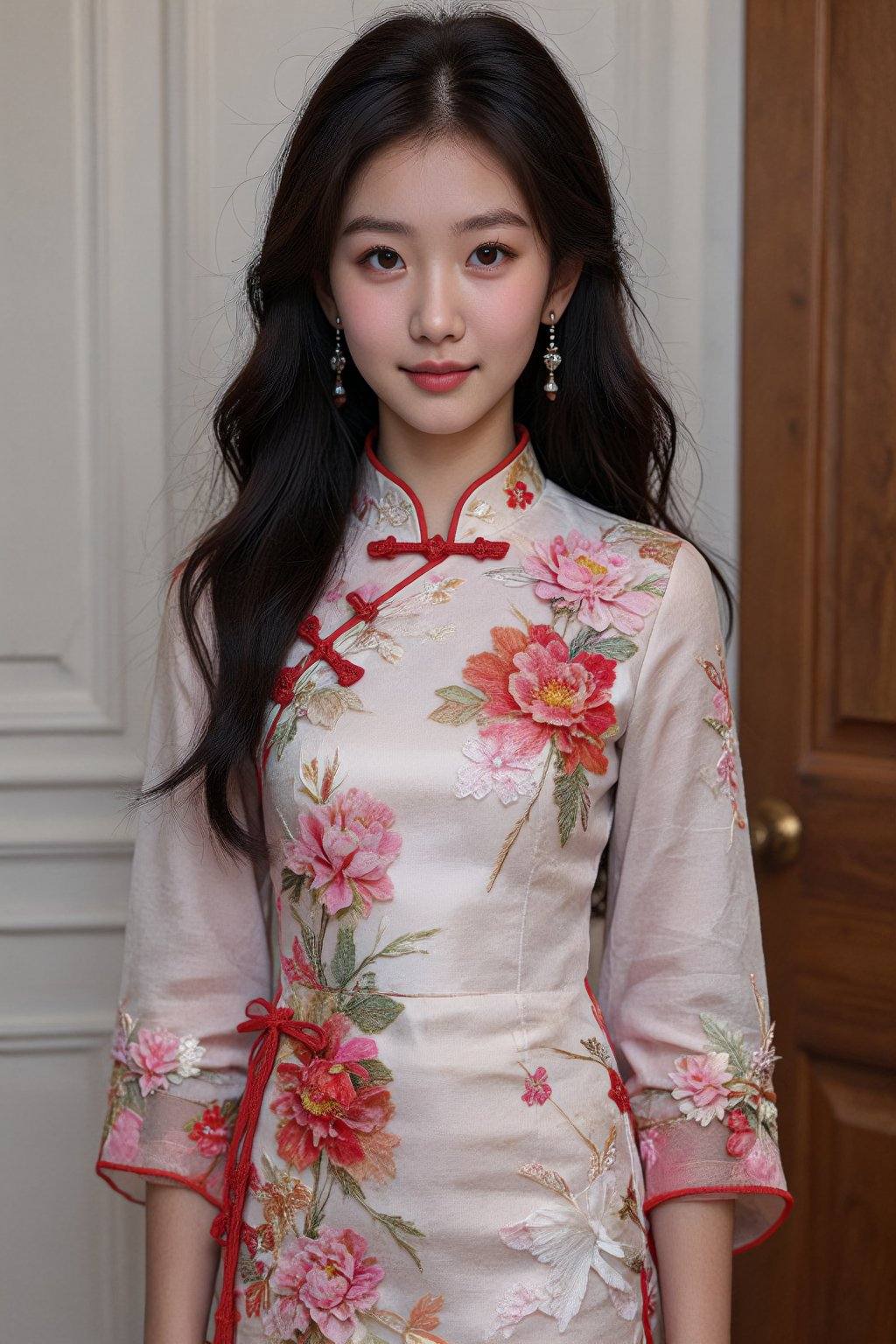 A photograph of an East Asian woman with long,  wavy black hair and fair skin. She wears a traditional Chinese cheongsam d...