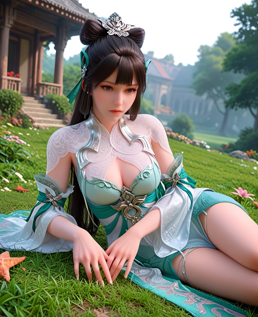 (oriental architecture, elegant decor, sophisticated style:1.1),Lying on a grassy hill, arms spread out, looking like a starfish and enjoying the sun,,(breasts:1.2),<lora:XL完美世界雨紫陌:0.9>,1girl,solo,see-through vest,aloes green corset,green ribbon,detached sleeves,white overskirt,side slit maxiskirt of green,black hair,long hair,hair ornament,hair bun,bangs,cleavage cutout,, zPDXL2, score_9, score_8_up, score_7_up BREAK realistic, masterpiece,best quality, highly detailed,, zPDXL3, zPDXL2,zPDXL, zPDXLxxx, zPDXLrl,