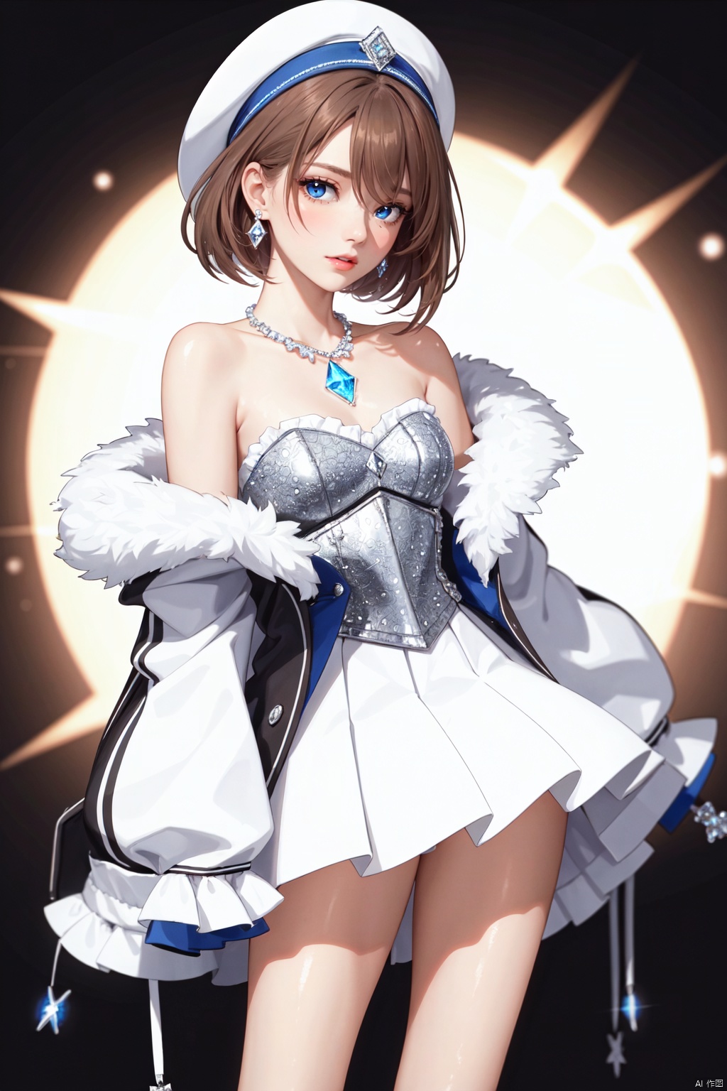 realistic style, cinematic work, 8k wallpaper, masterpiece, very realistic quality, best quality, masterpiece, high-level, high-resolution,,,edge lighting, dual tone lighting, soft lighting, the illuminated surface of the material has bright spots and highlights, which flicker and have a mirror effect when reflected, there are sparkling spots on the armor,,,1 girl, mature female, solo, full body, looking at viewer, lace, strong rim light, standard proportion of female body, golden proportion of female body,,,standing, standing posture, sexy full body standing posture,,,,(hdn301, cowboy lens,1girl, blue eyes, hair between eyes, short hair, brown hair, white headwear, bangs, blush,bare shoulders, dress, long sleeves, fur trim, hat, shoes, white dress, bare legs, short dress, spaghetti strap, ribbon, wide sleeves, off shoulder, open clothes, ankle ribbon, jacket, frilled hat, frills, cross-laced clothes, leg ribbon, buttons, small breasts, dot nose, open jacket, breasts, sleeve cuffs, sleeves past wrists, white ribbon, tareme, pleated dress, coat, pom pom, platform footwear, white jacket, blue ribbon,:1.2),,bare shoulders, off shoulder, black hairband, bikini bottom only, short dress, swimsuit, pleated dress, bikini, floating hair, blush, ass visible through thighs, skirt,white high-heeled shoes,:1.2),,,colorful,(detailed skin: 1.3), (detailed face: 1.3),clear focus,delicate,(mature women: 1.2),(glossy skin+glossy skin: 1.4),(sweating: 1.1),(big_eyes),red_ eyeshadow,long_ eyelashes, red lips,,,simple background, grey background,,,(diamond hair accessories, diamond necklaces, diamond earrings, diamond earrings, clothes embedded with diamonds, armor embedded with diamonds,:1.3)<lora:EMS-325509-EMS:0.280000>