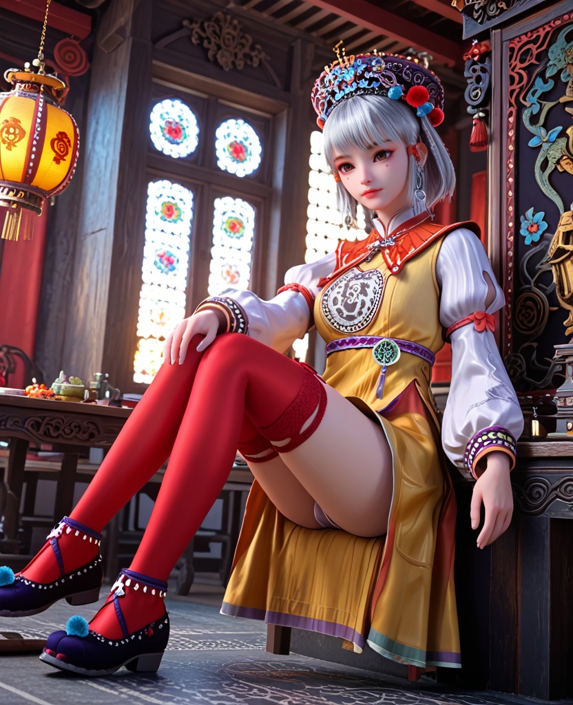 (oriental architecture, elegant decor, sophisticated style:1.1),(Sitting on a chair with legs crossed and hands resting on knees,:1.1),(breasts:1.2),<lora:XL少年白马小白:0.95>,miss xiaobai,yellow short dress,brown detachable collar,puffy long sleeves,brown miniskirt,belt,brown eyes,mole under eye,silver hair,bangs,hat,jewelry,red thighhighs,black shoes,anklet,pom pom \(ornament\),, score_9,score_8_up,score_7_up,score_6_up,score_5_up,score_4_up,3d rendering,tag1,tag2, Cinematic Lighting,backlighting,