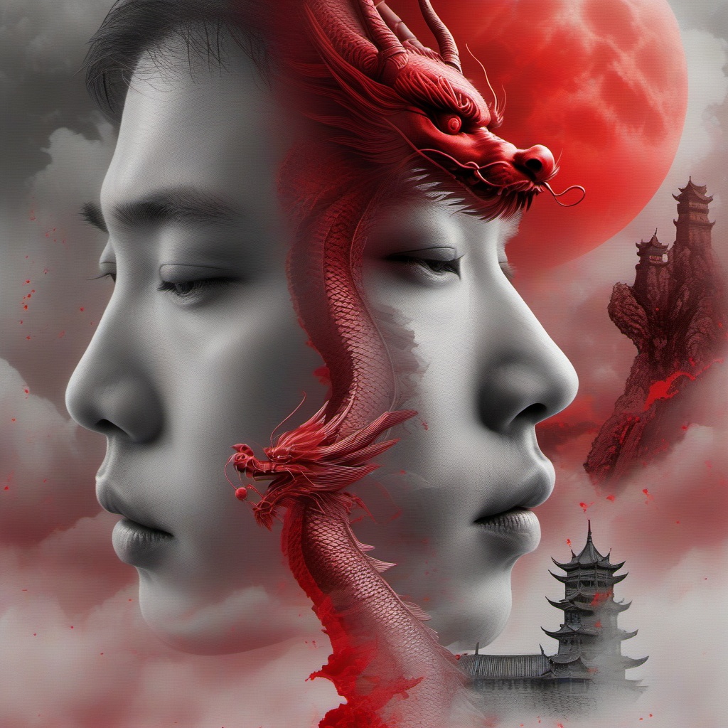 longren1, dragon, 1boy, male focus, blood, castle, architecture, eastern dragon, realistic, solo, east asian architecture, monochrome, tower, moon, red theme, profile, lips, cloud,<lora:hclv-000008:0.8>,