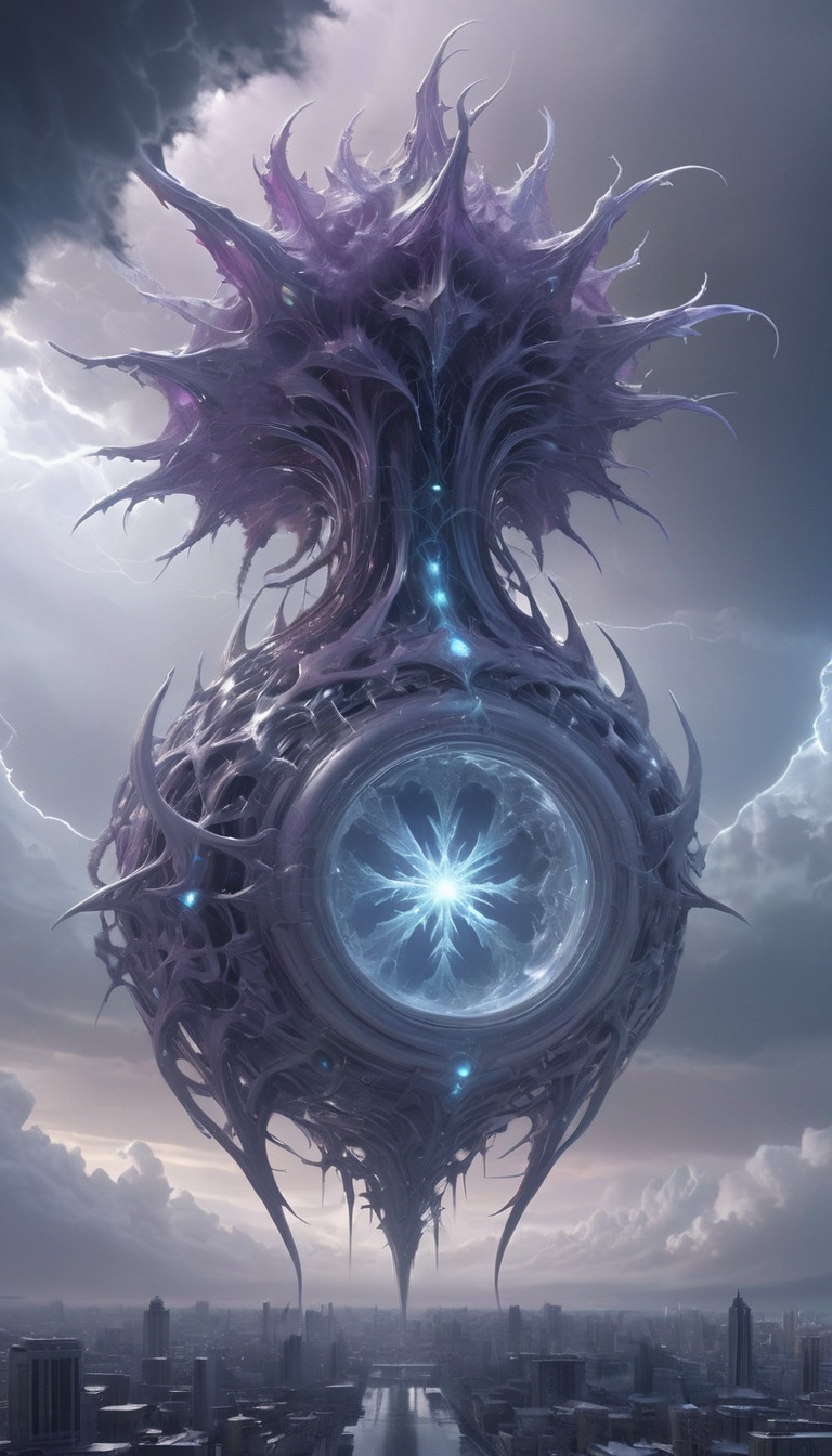 <lora:xl-shanbailing-1215白棱monster-000002:0.9>,city,bailing_monster,(masterpiece, top quality, best quality, official art, beautiful and aesthetic:1.2),(1girl),extreme detailed,(fractal art:1.3),colorful,highest detailed..,Purple,White,Blue,Chest,Abdomen,Snowflakes falling,(whole body:1.5),a face,(Only one face.:1.1),a huge monster passes through the clouds,outdoors,(1girl:0.3),city,mitsu_masaya,cloudy,megalophobia,centered composition,ultimate light and shadow,UHD,8k resolution,cinematic lighting,extremely low angle shooting,science fiction,biomechenical environment,outdoor,overwhelming storm,matte painting concept art,fantasy art,horror art,low angle,from below,dutch angle,