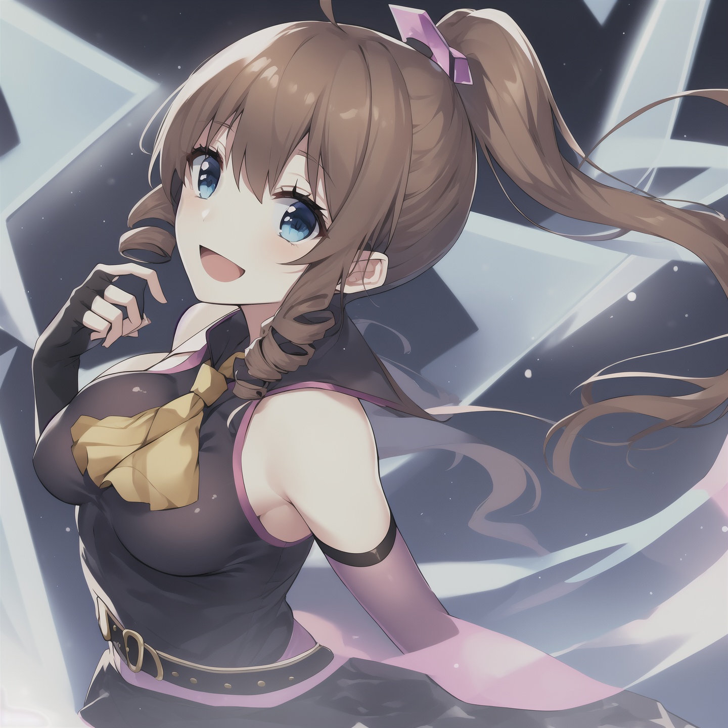 1girl, gloves, elbow gloves, solo, fingerless gloves, smile, single elbow glove, blue eyes, open mouth, hair ornament, belt, looking at viewer, ascot, personification, ahoge, breasts, cup, :d, skirt, sleeveless, medium breasts, black gloves, single glove, brown hair, mug, bare shoulders, drill hair, asymmetrical gloves, tareme, hologram, side ponytail