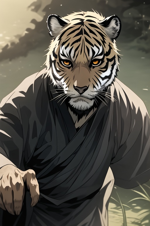 Tiger monster,orc,looking at viewer,beard,solo,short sleeves,kimono,black eyes,no human,