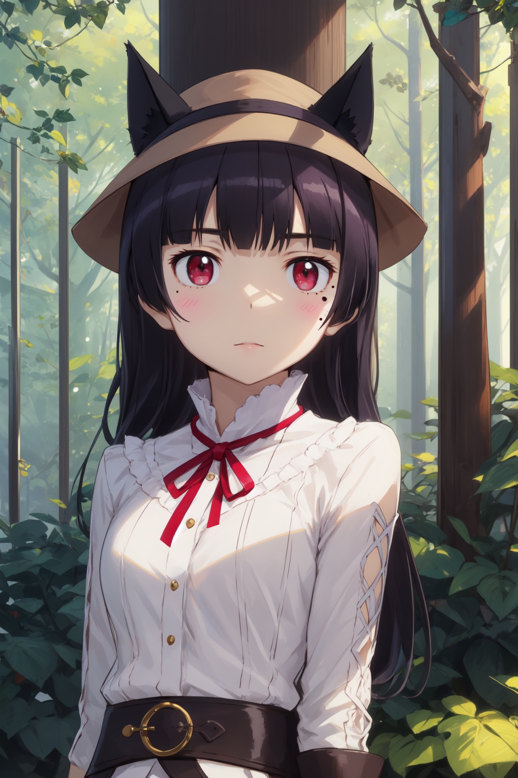 <lora:Ruri-000010:0.8>,Ruri cyql,1girl,looking at viewer,solo,long hair,black hair,hime cut,red eyes,mole under eye,cat ears,Cable-knit Aran sweater dress with knee-high boots and a wide-brim hat,Teasing, A playful smirk, a raised eyebrow, and a hint of dominance.,upper_body,beautiful face,beautiful eyes,glossy skin,shiny skin,Sequoias, Trees, Grove, Forest, Old, Serenity, Shadows, Nature,(Moss-covered stones, Stone lanterns, Moss gardens, Zen serenity, Rainy day, Meditation:0.6),beautiful detailed sky,beautiful detailed glow,posing in front of a colorful and dynamic background,masterpiece,best quality,beautiful and aesthetic,contrapposto,female focus,wallpaper,fashion,