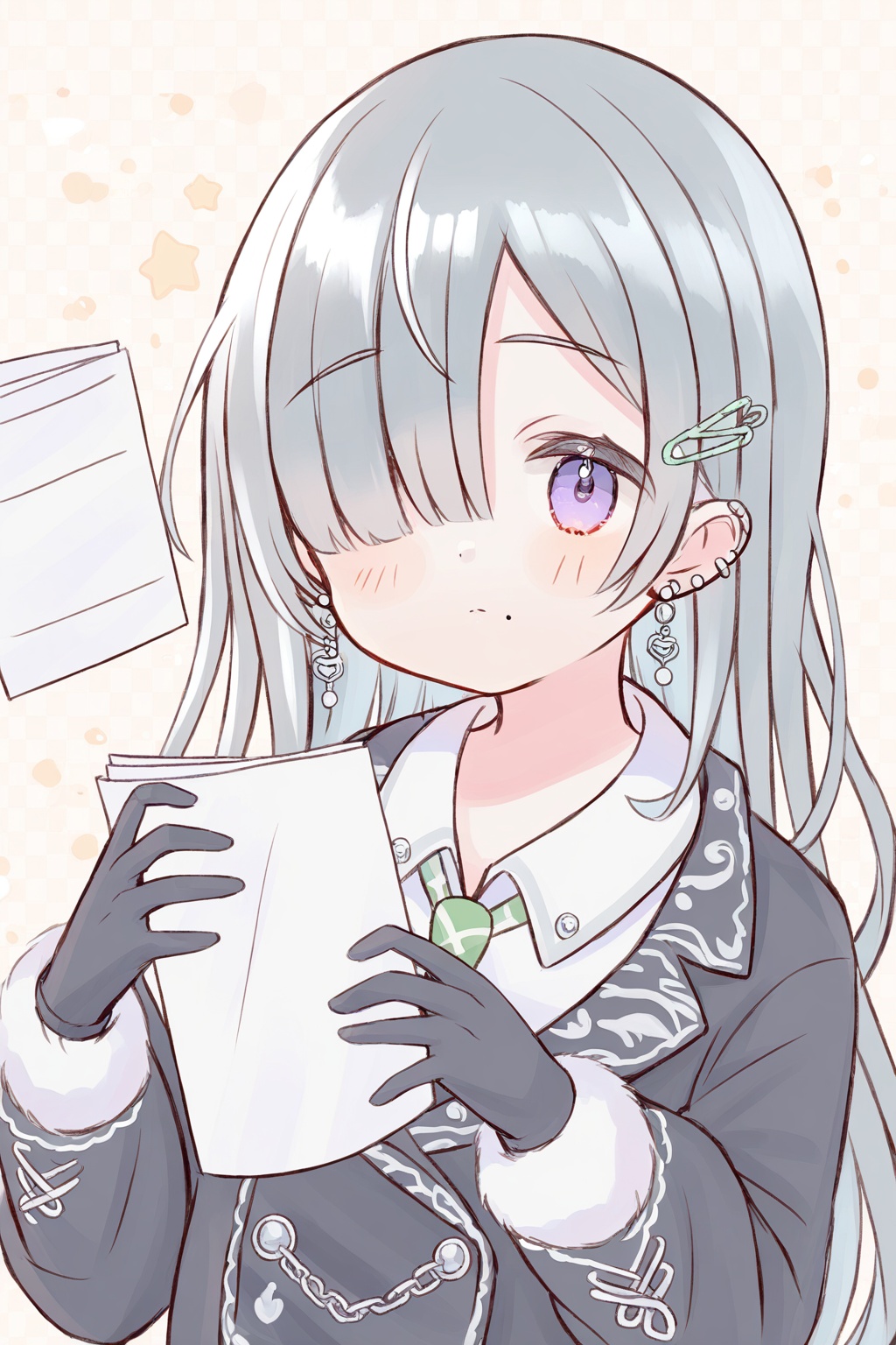Reverse:1999,1girl,solo,mole,mole under mouth,shirt,necktie,gloves,long hair,collared shirt,black gloves,piercing,hair over one eye,holding,earrings,white shirt,grey hair,jewelry,upper body,ear piercing,fur trim,closed mouth,holding paper,purple eyes,paper,green necktie,coat,<lora:fruitsrabbit-000060:1>,