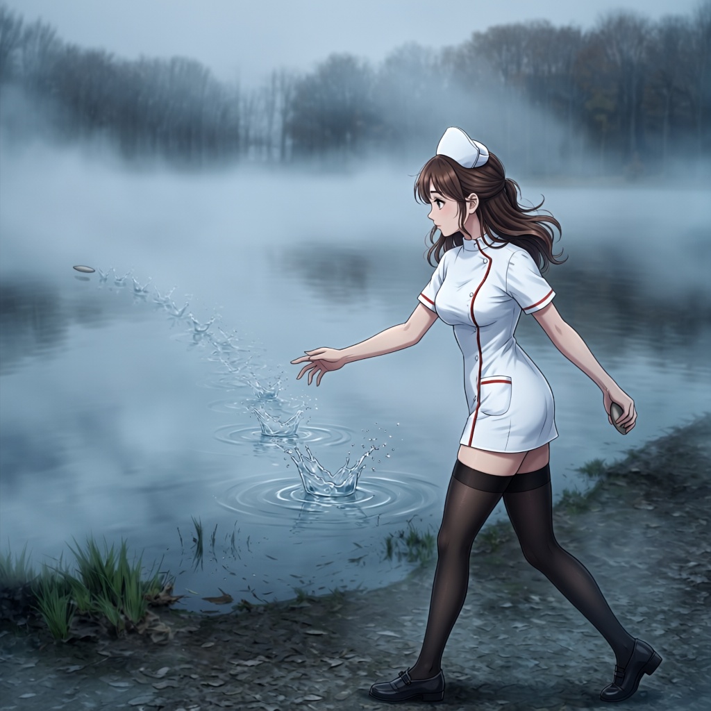stone skipping,  holding flate stone,  throwing on Tensor.Art