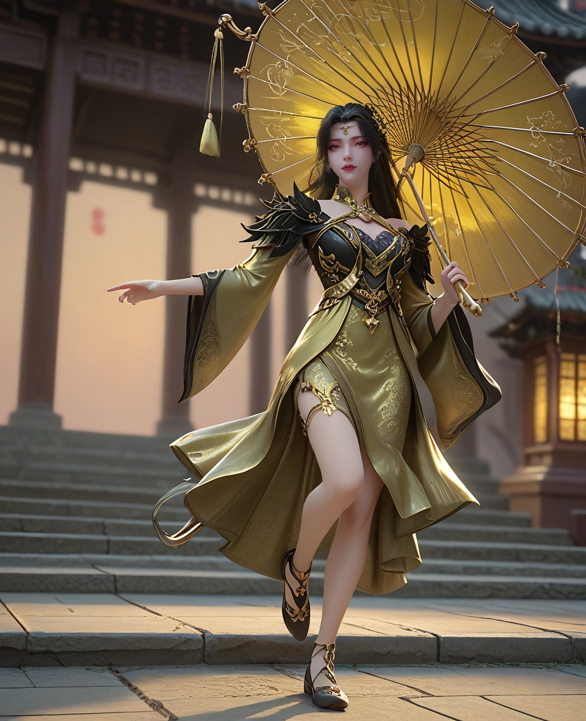 (oriental architecture, elegant decor, sophisticated style:1.1),(running, jumping over camera:1.1),(breasts:1.2),<lora:XL16长生界柳如烟:0.95>,miss liuruyan,yellow dress,pink eyes,black hair,long hair,hair ornament,shoulder trim,black lace bra,mole,wide sleeves,overskirt,black footwear,holding umbrella,, score_9,score_8_up,score_7_up,score_6_up,score_5_up,score_4_up,3d rendering,tag1,tag2, Cinematic Lighting,backlighting,