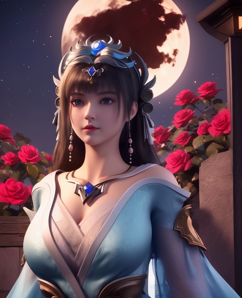 <lora:568-DA-星辰变-姜妍:0.8>(,1girl, ,best quality, ),looking at viewer,masterpiece, (( , )),, realistic,science fiction,mole, ultra realistic 8k cg, full moon,  rose,(cleavage), (),