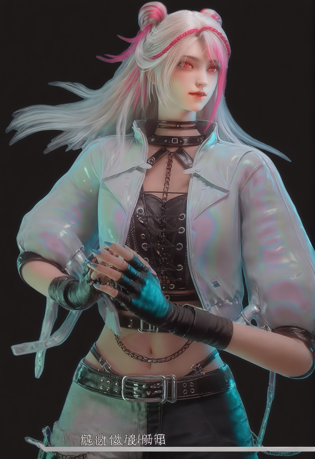 score_9,<lora:南小橙8轮:1>,1girl,solo,gloves,fingerless gloves,chain,pink hair,multicolored hair,belt,navel,midriff,jacket,long hair,piercing,black background,double bun,torn clothes,pink eyes,white hair,pants,black gloves,choker,red eyes,hair bun,simple background,