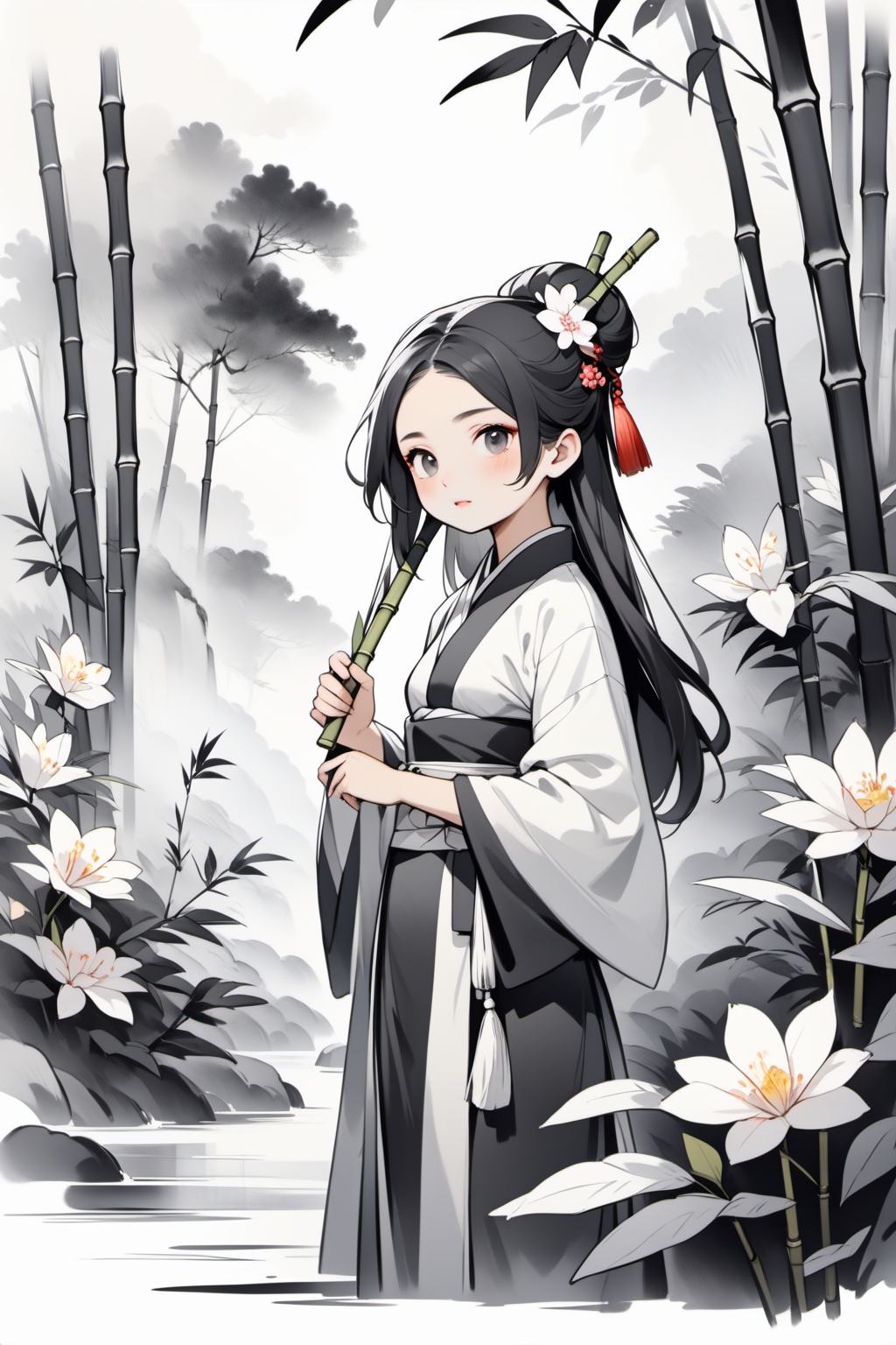 a woman with a flower in her hair holding a bamboo stick and a flower in her hair,standing in front of a bush,ink wash painting art style,(masterpiece,best quality:1.2),, (masterpiece,best quality:1.2)