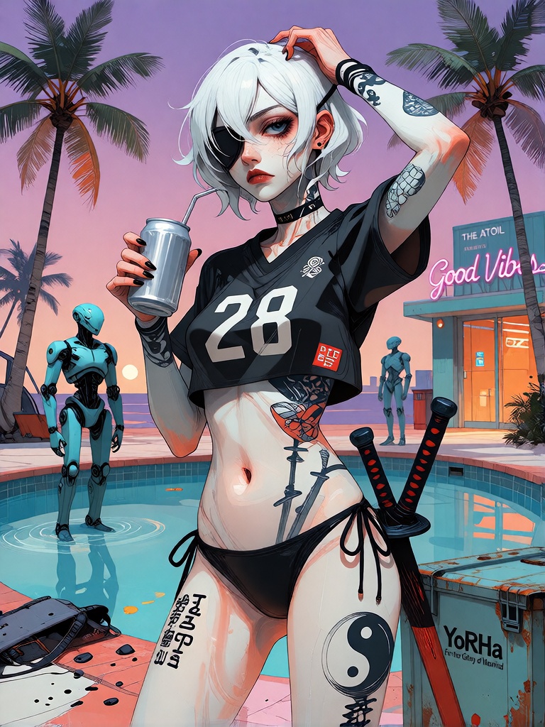 Bradhamel art style. A young woman with short white hair and a black eye patch stands confidently in a vibrant,  neon-lit...