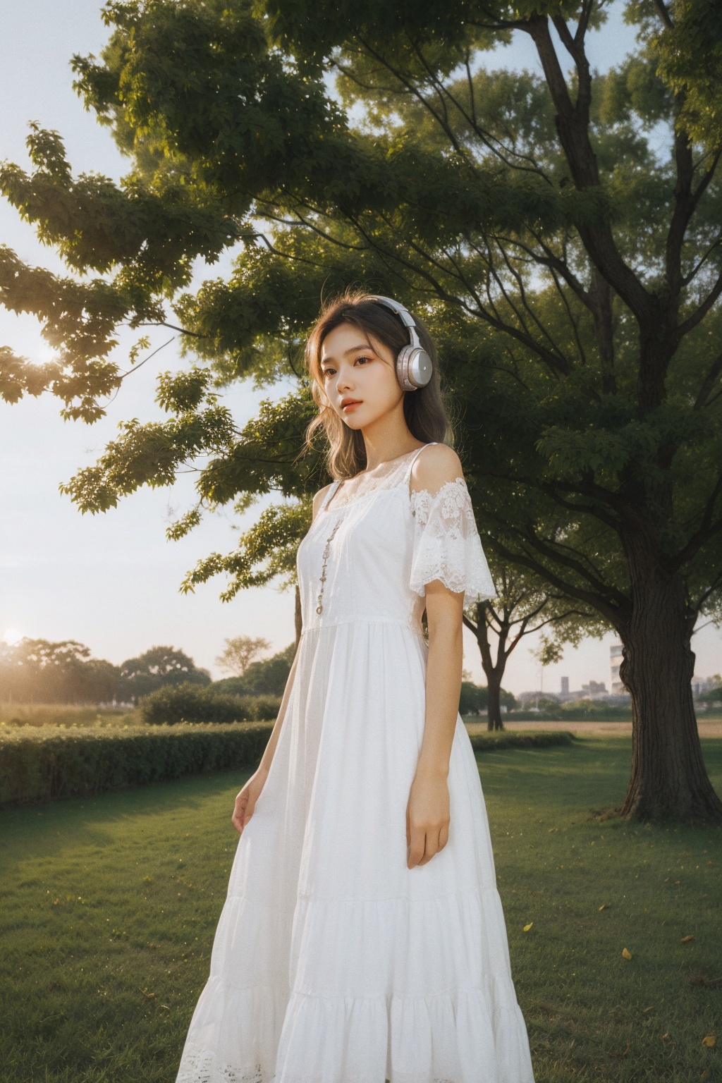 1 girl,solo,silver haired,(small chest 2),(Headphone 2),full body,long hair,looking at the audience,brown eyes,sunset,sky,upper body,outdoor,side,realistic,tree,white lace shoulder dress,<lora:FUJICOLOR Super HR 100:1.2>,