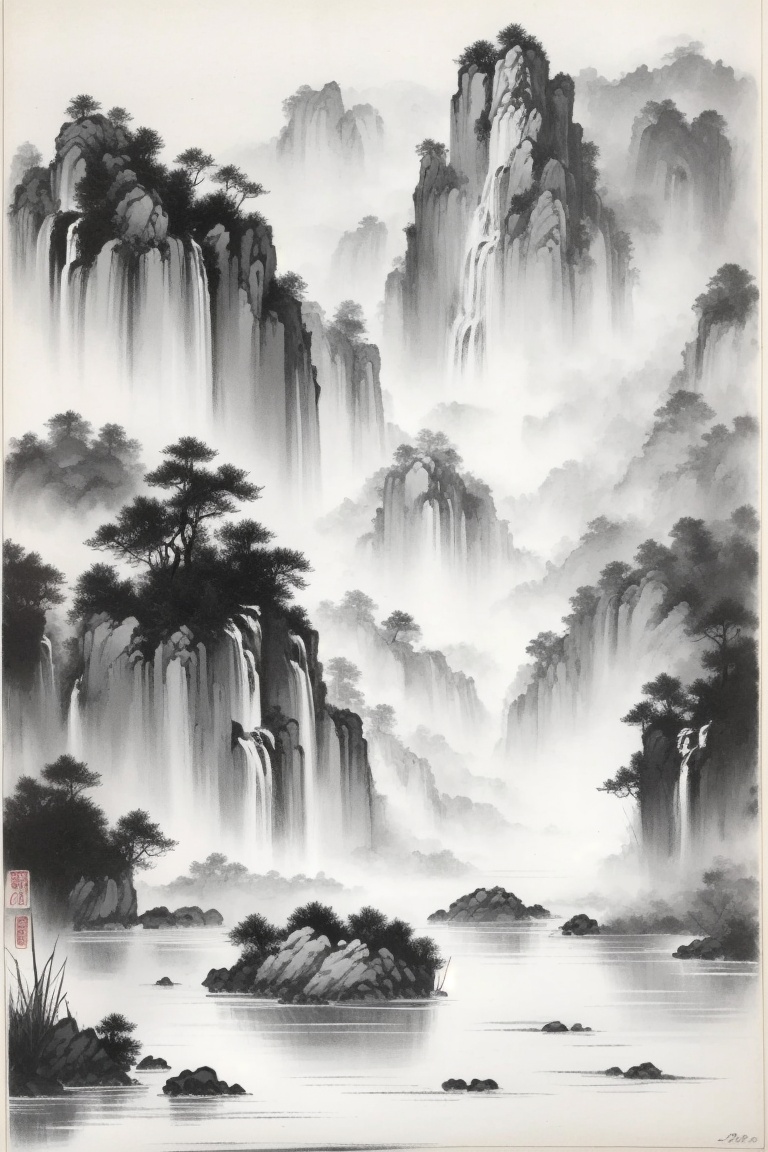 ((HRD, HUD, 8K)),((masterpiece, best quality)), highly detailed, soft light,InkAndWash, monochrome, greyscale, scenery, outdoors, traditional media, <lora:20240415-1713175931242:0.8>