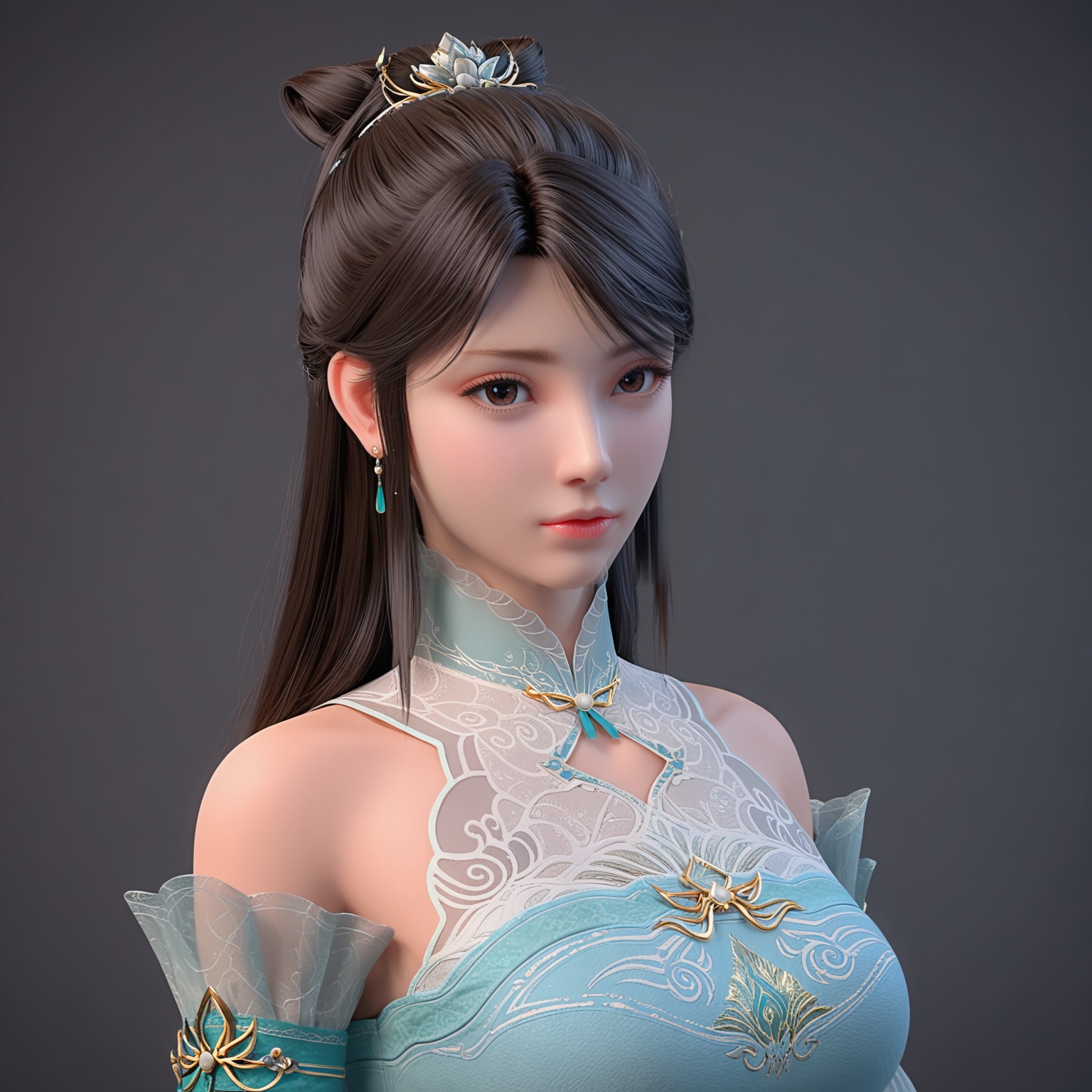<lora:YQponyxunerliuhaiV4:0.8>,q1528437228,solo,1girl,long_hair,dress,black_hair,bare_shoulders,hair_ornament,detached_sleeves,brown_hair,blue_dress,jewelry,sash,chinese_clothes,brown_eyes,earrings,hair_bun,white_dress,ribbon,shoes,see-through,blue_footwear,pantyhose,necklace,bracelet,half_updo,BREAK score_9,upper_body,portrait,shiny_skin,looking at viewer,cinematic lighting,volumetric lighting,solo focus,(huge breasts:0.9),(simple background,pure black background,black background:1.1),