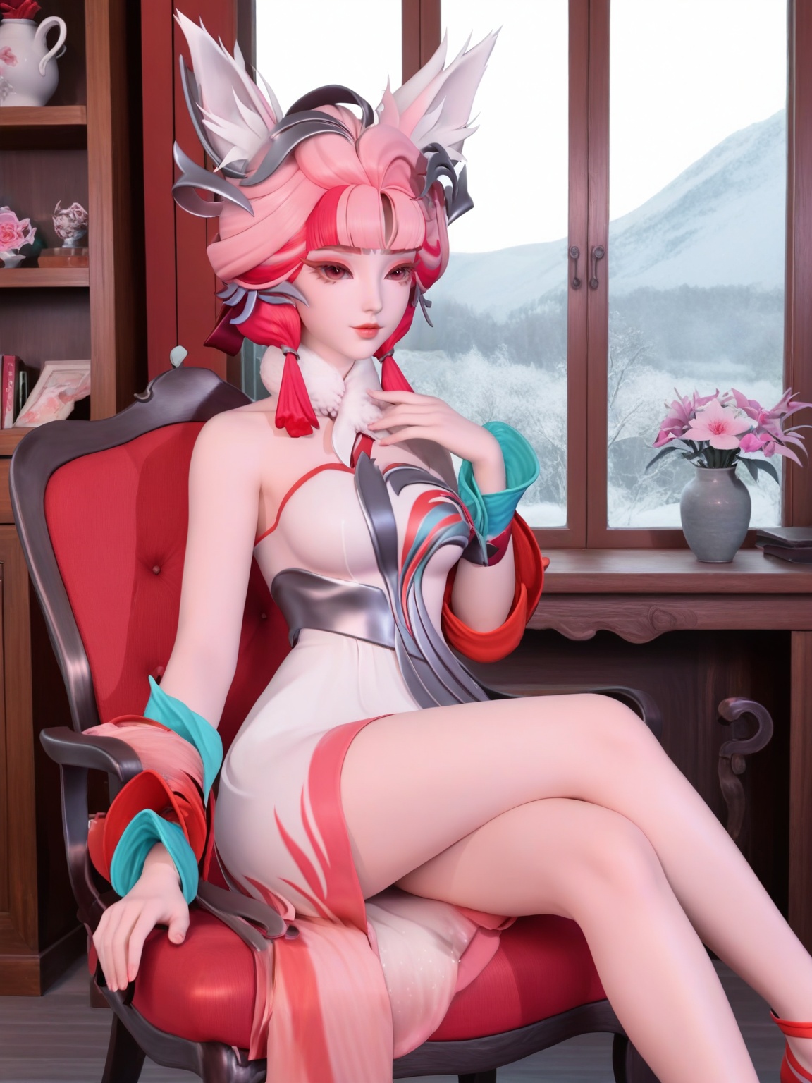 score_9,<lora:SF_DaJi_QQH_Pony_Realism2.3-000004:0.75>,1girl,SFDaJie,breasts,looking at viewer,dress,hair ornament,pink hair,multicolored hair,bare shoulders,lipstick,makeup,eyelashes,eyeshadow,fox ears,fur collar,skirt, hair ribbon,long sleeves,solo,cross legs,pink eyes,full shot,cowboy shot,sitting,ribbon,tassel,chair,window,indoors,flower flower pot,