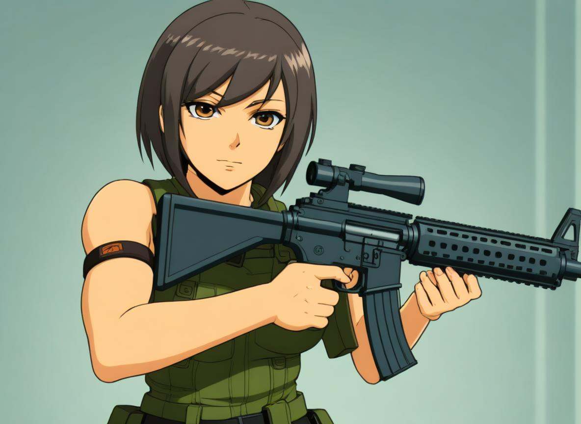 1970s \(style\), anime, 1girl, muscular female, holding gun, assault rifle, m16, trigger discipline, aiming